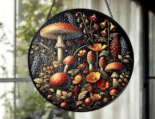 mushrooms and wildflowers suncatcher hanging in window