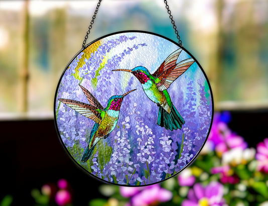 hummingbirds and lavender field suncatcher in window