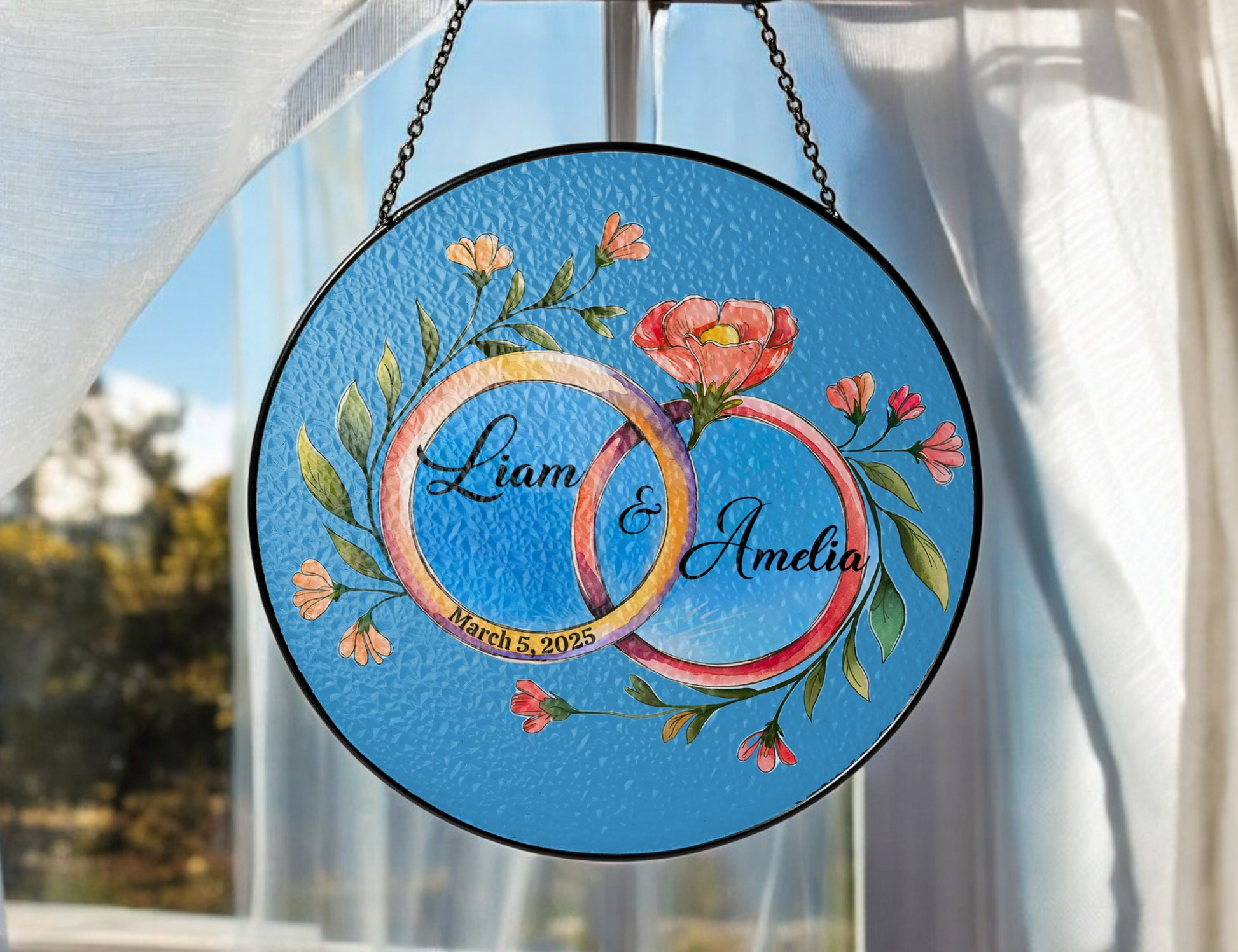 double ring floral personalized suncatcher in window