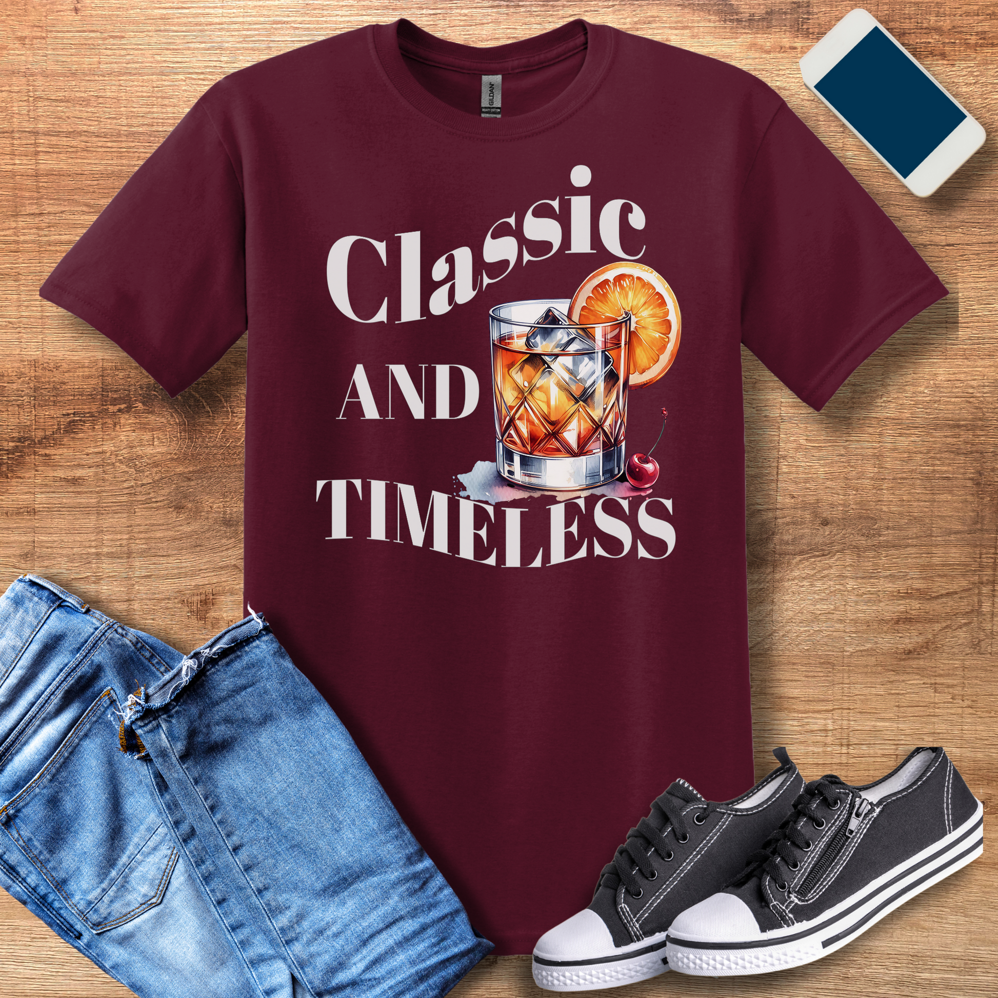 classic and timeless old fashioned on gildan 640 maroon t-shirt