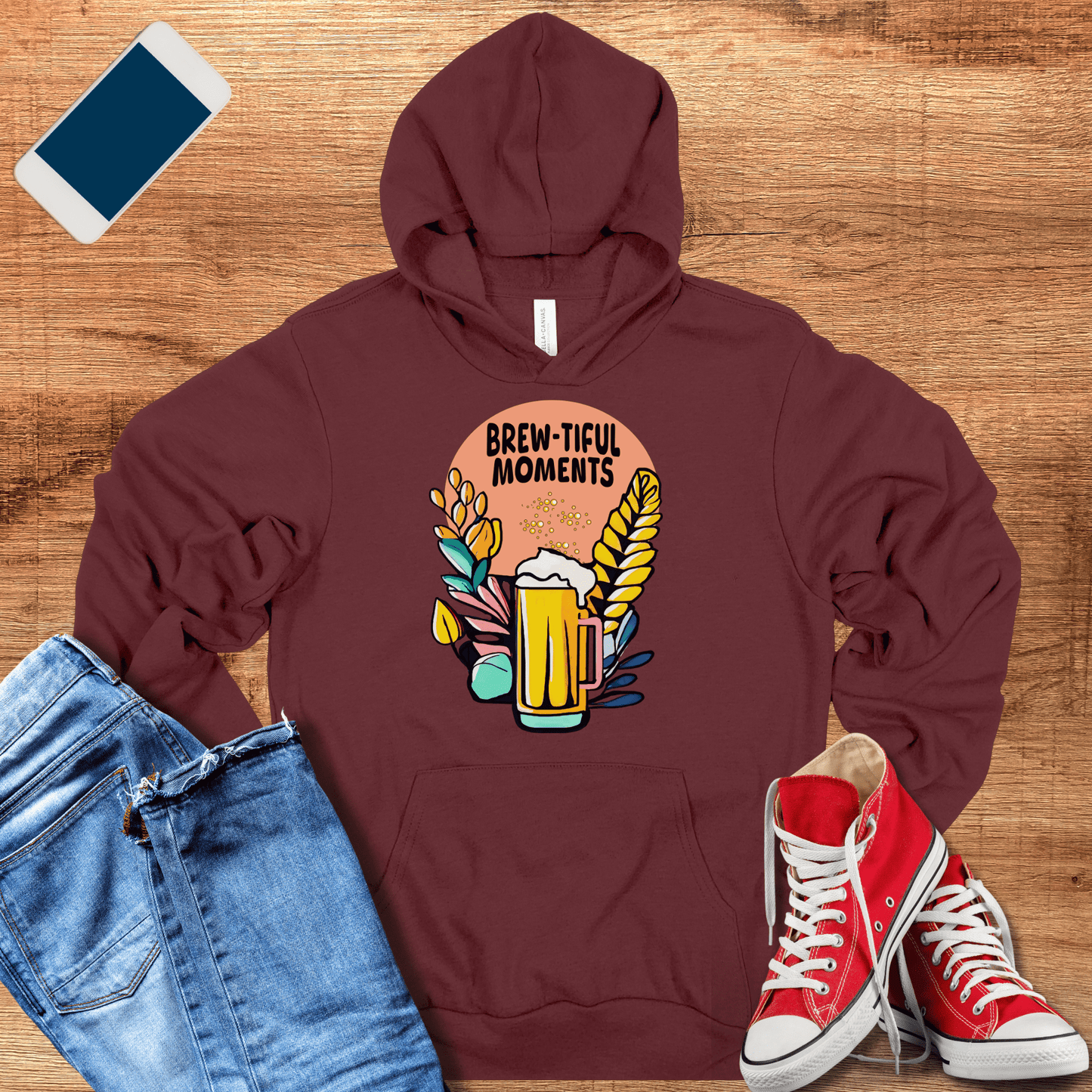 maroon color hoodie with brew-tiful moments beer design