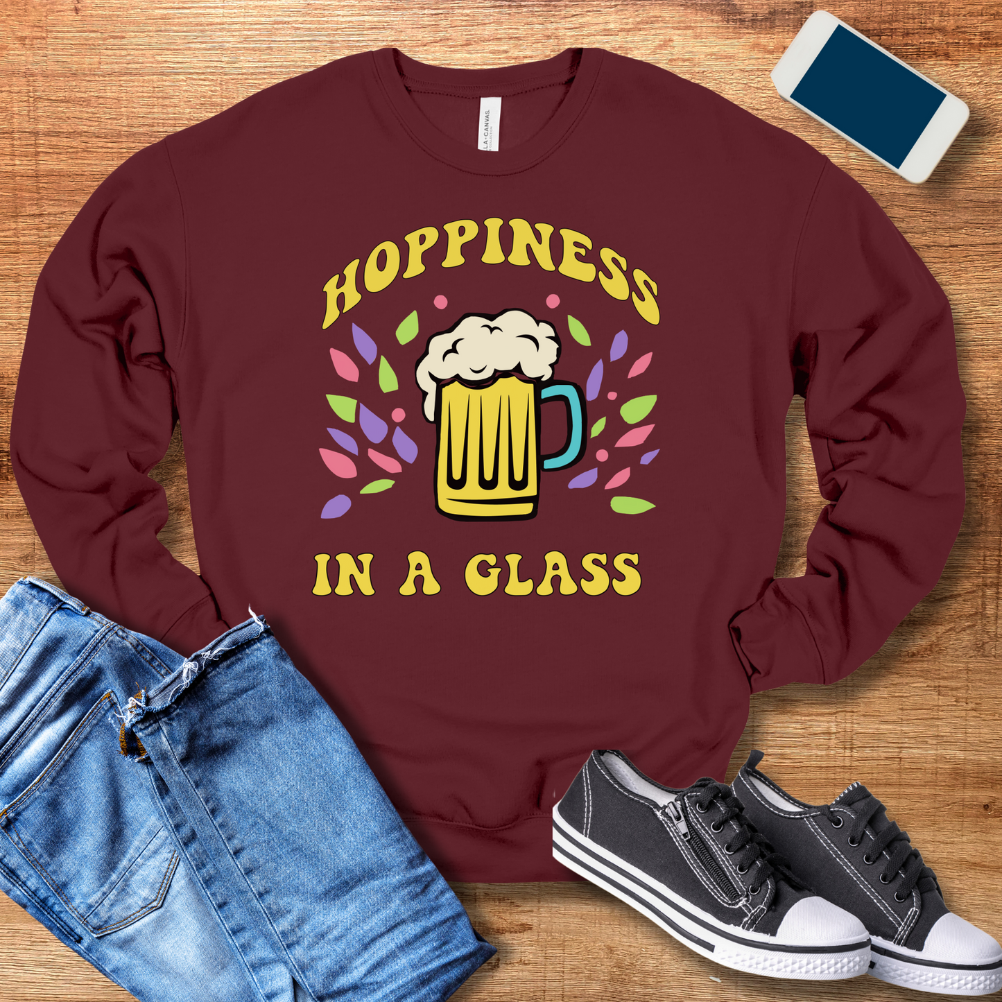 hoppiness in a glass beer crewneck sweatshirt in maroon