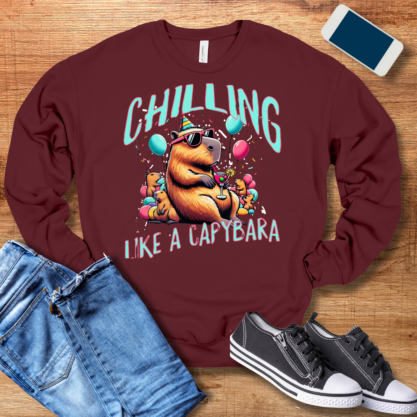 chilling like a capybara crewneck sweatshirt color maroon