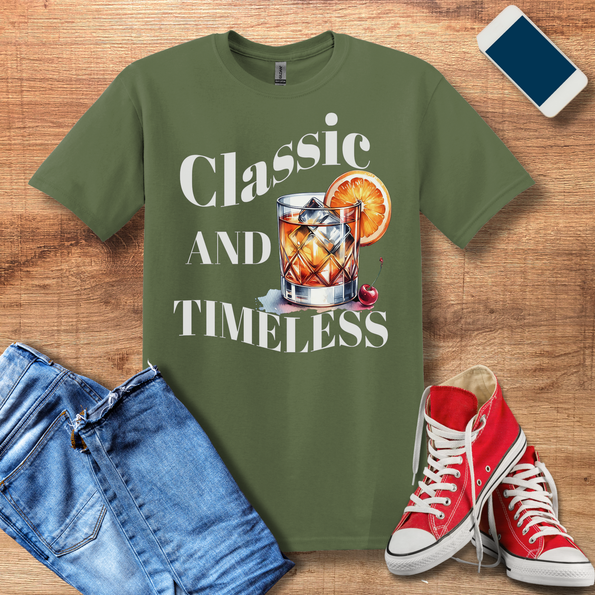 classic and timeless old fashioned on gildan 640 military green t-shirt