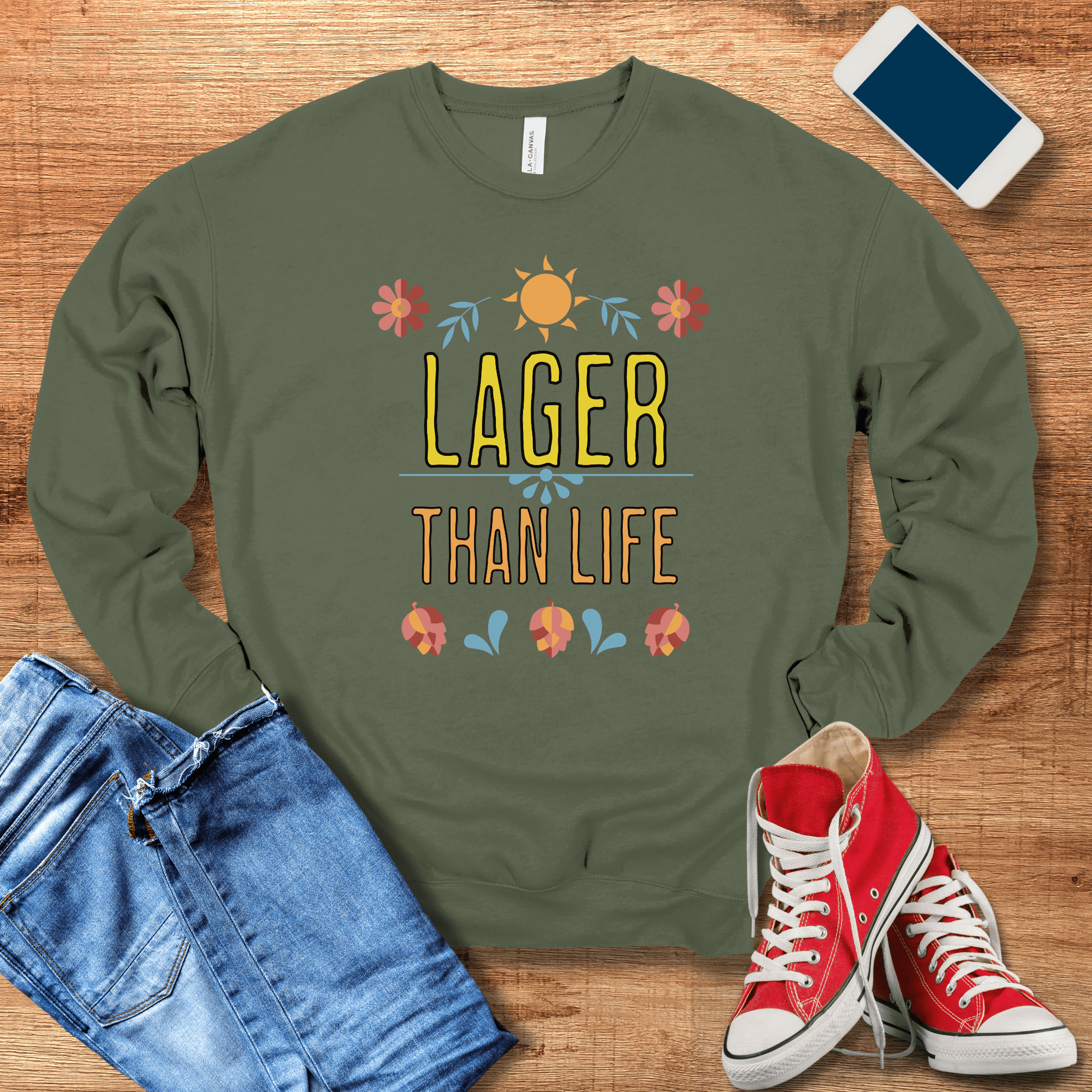 military green beer crewneck sweatshirt