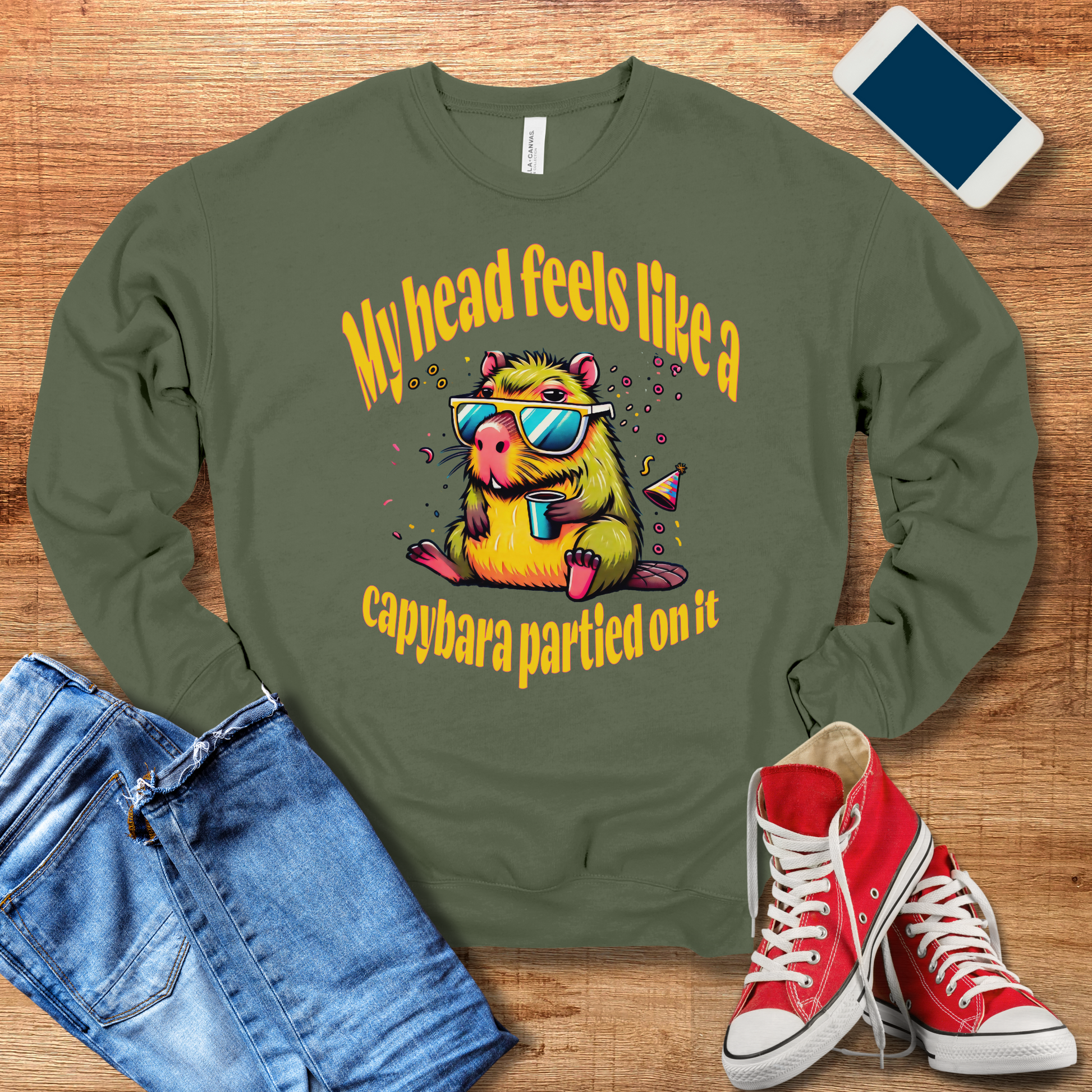 military green capybara hangover crewneck sweatshirt