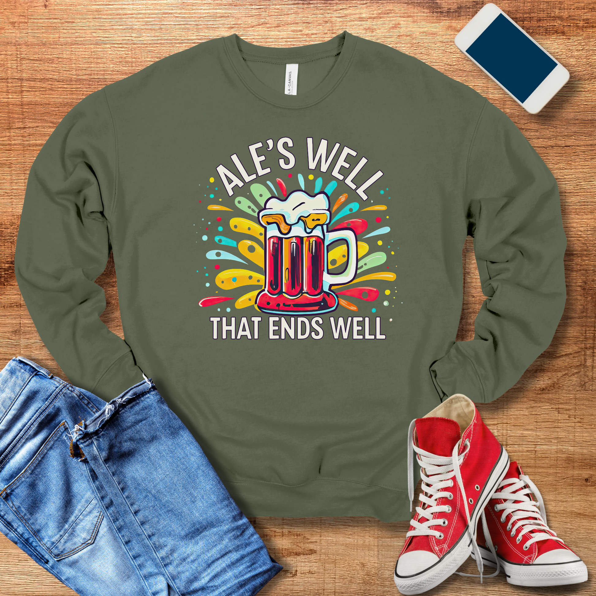 military green color bella canvas beer sweatshirt