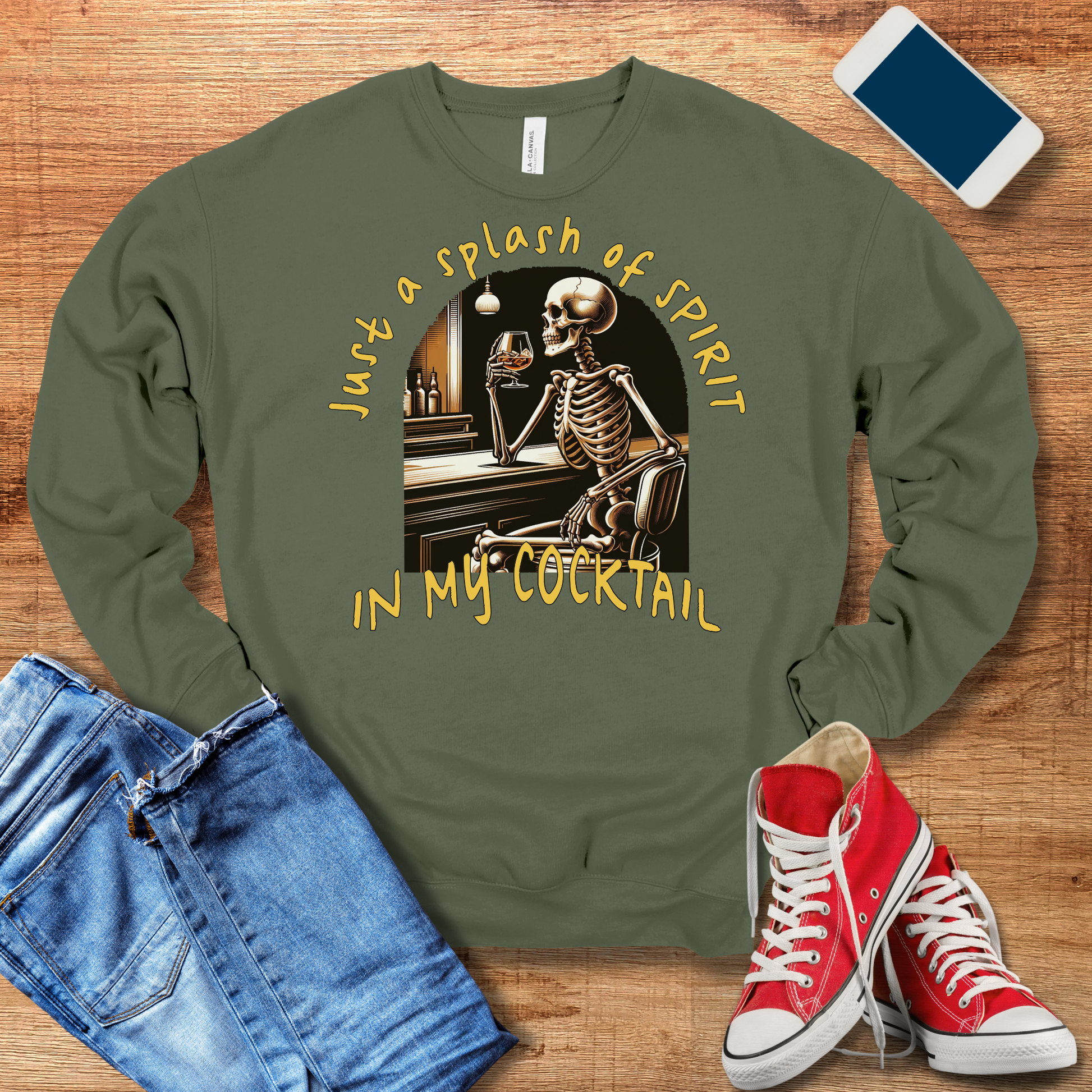 just a splash of spirit in my cocktail crewneck sweatshirt in color military green