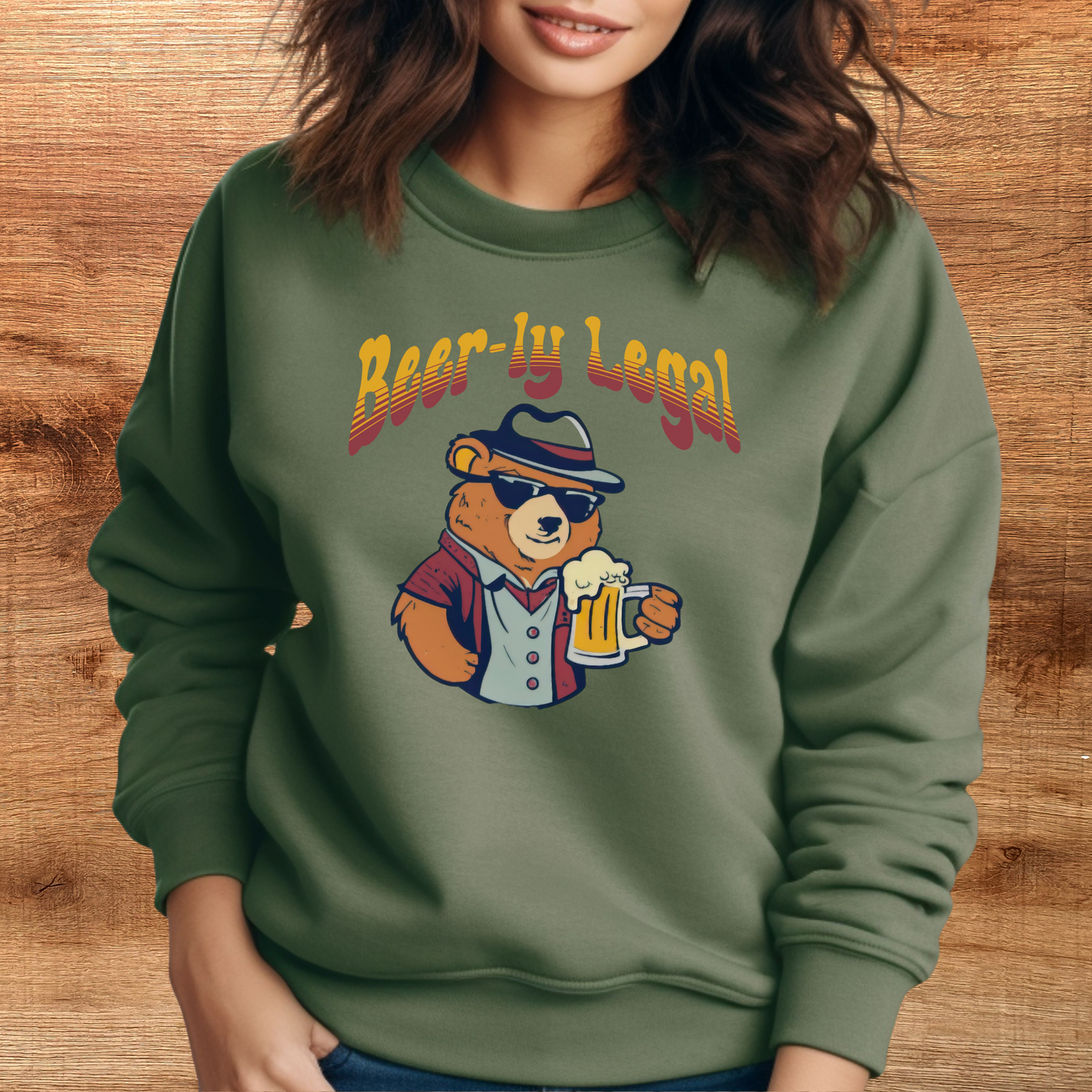 military green beer sweatshirt on female model