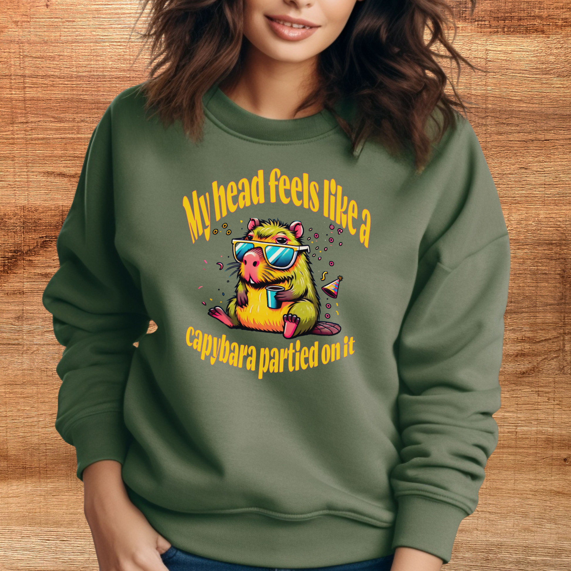 military green capybara hangover sweatshirt