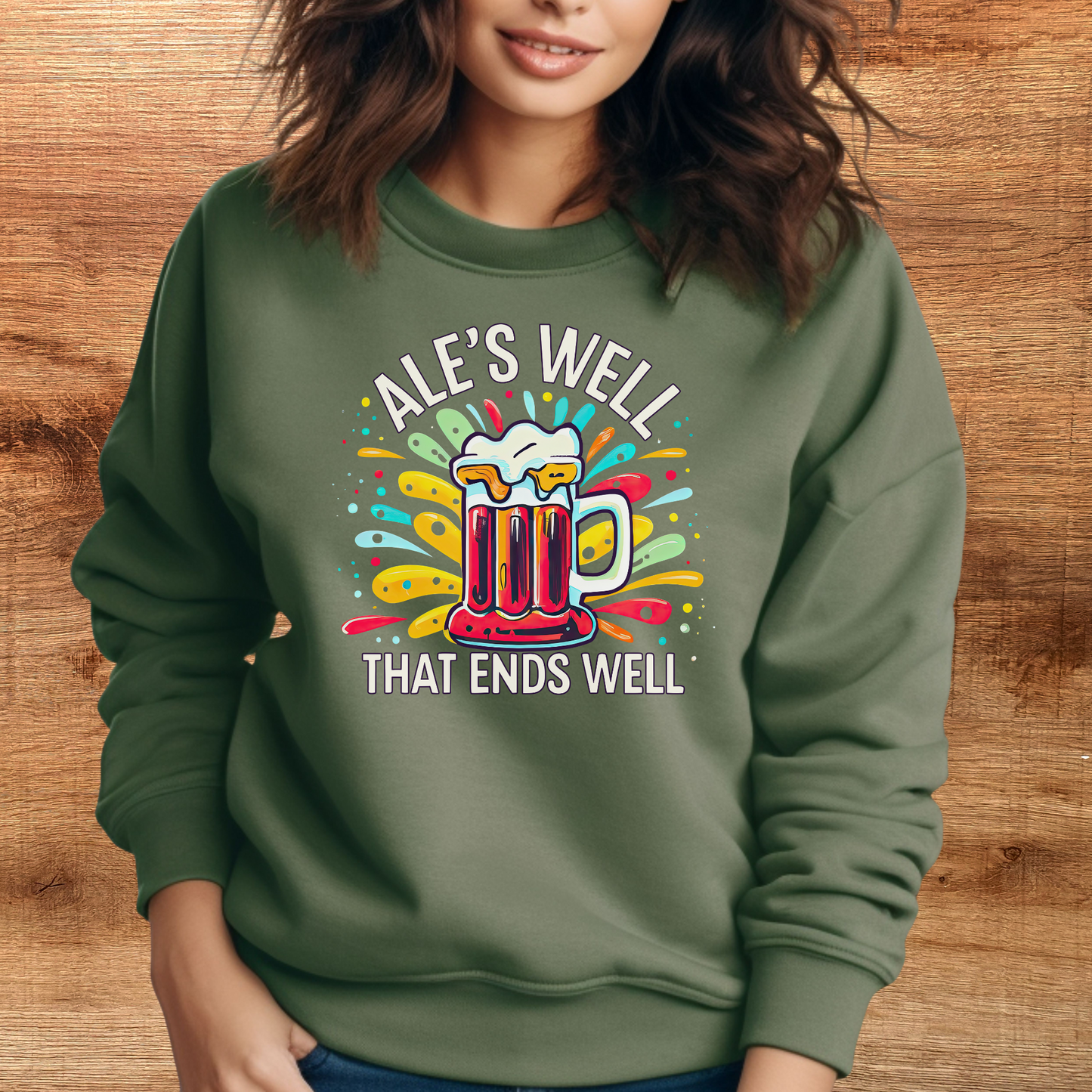 female model wearing military green color beer sweatshirt