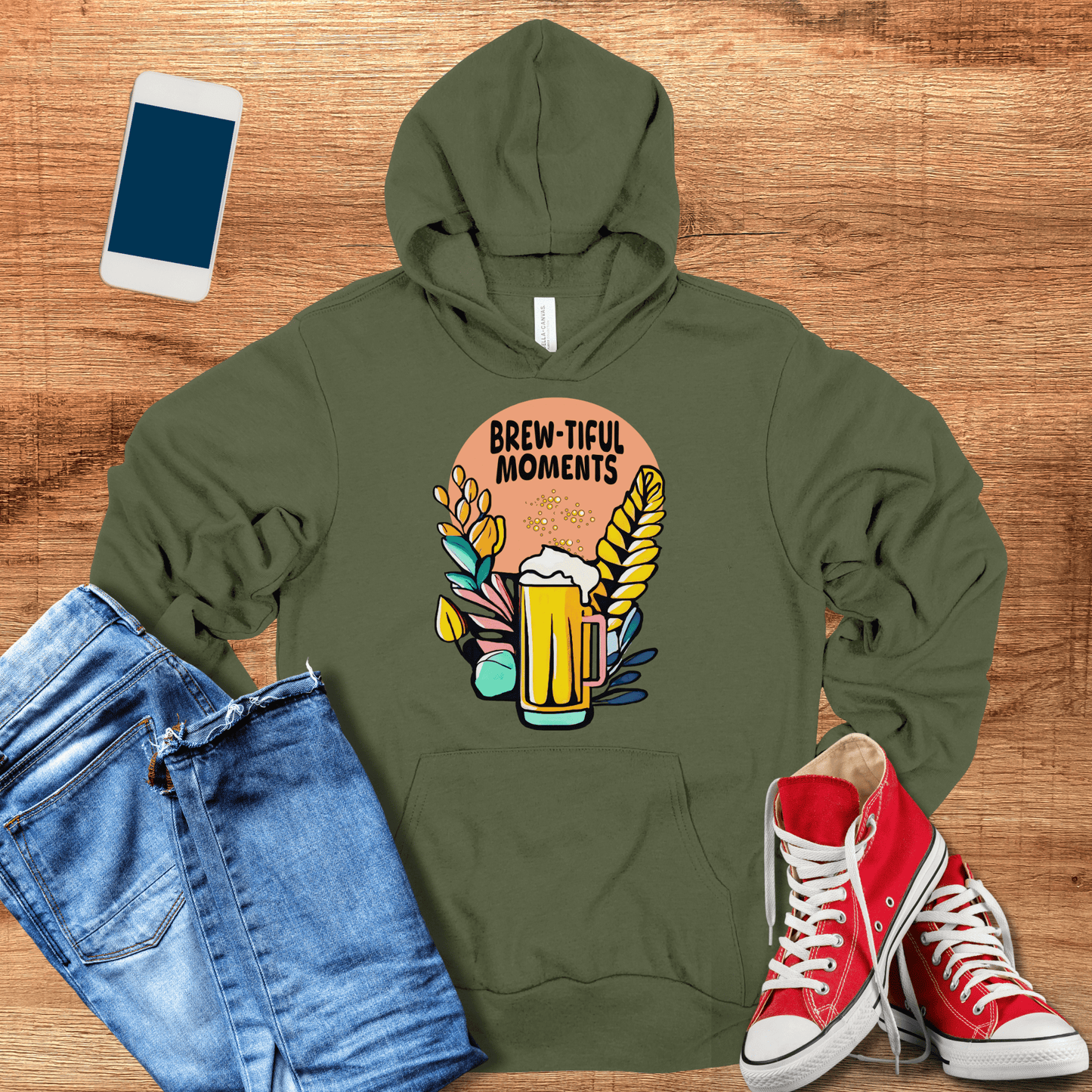 military green color hoodie with brew-tiful moments beer design