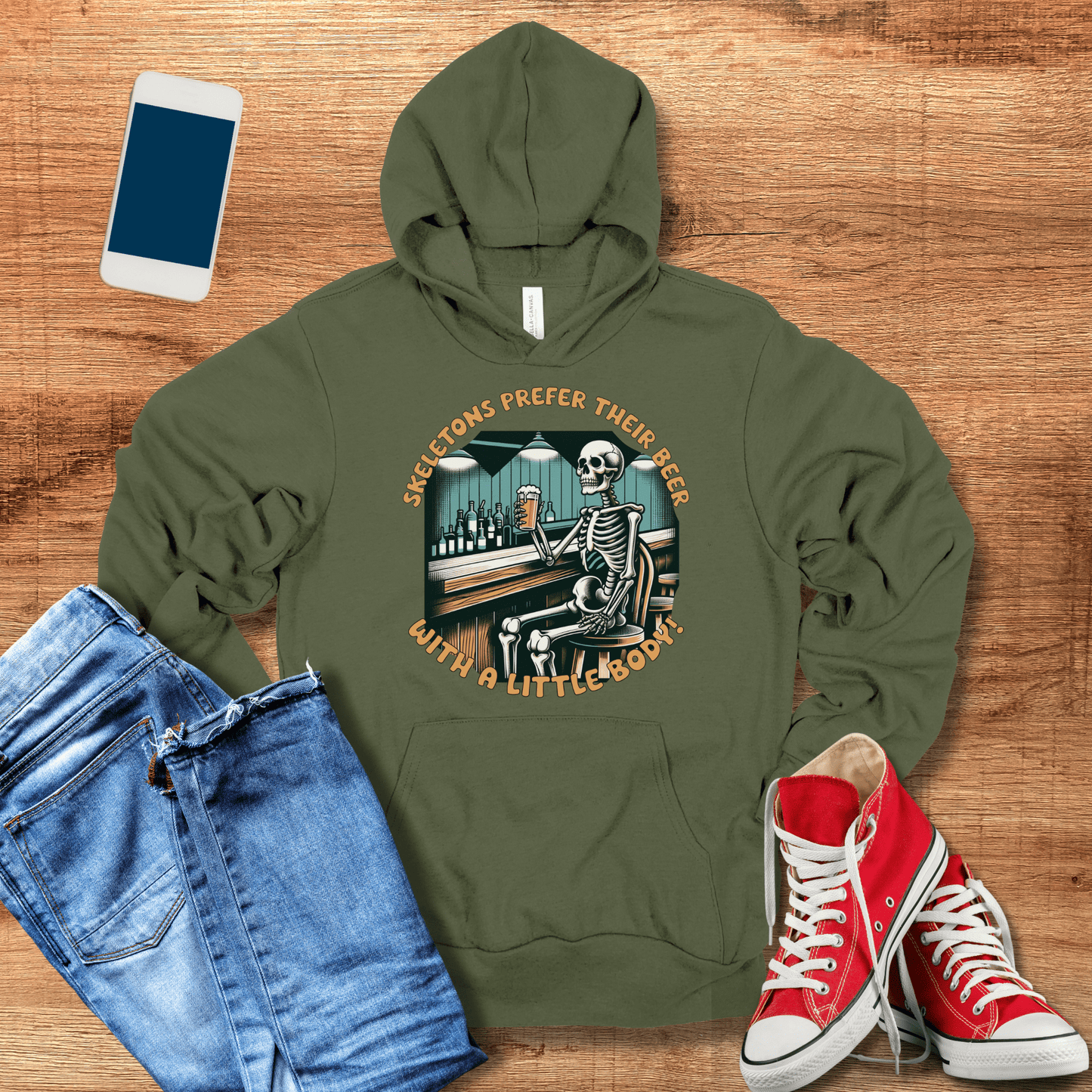 military green skeleton beer hoodie