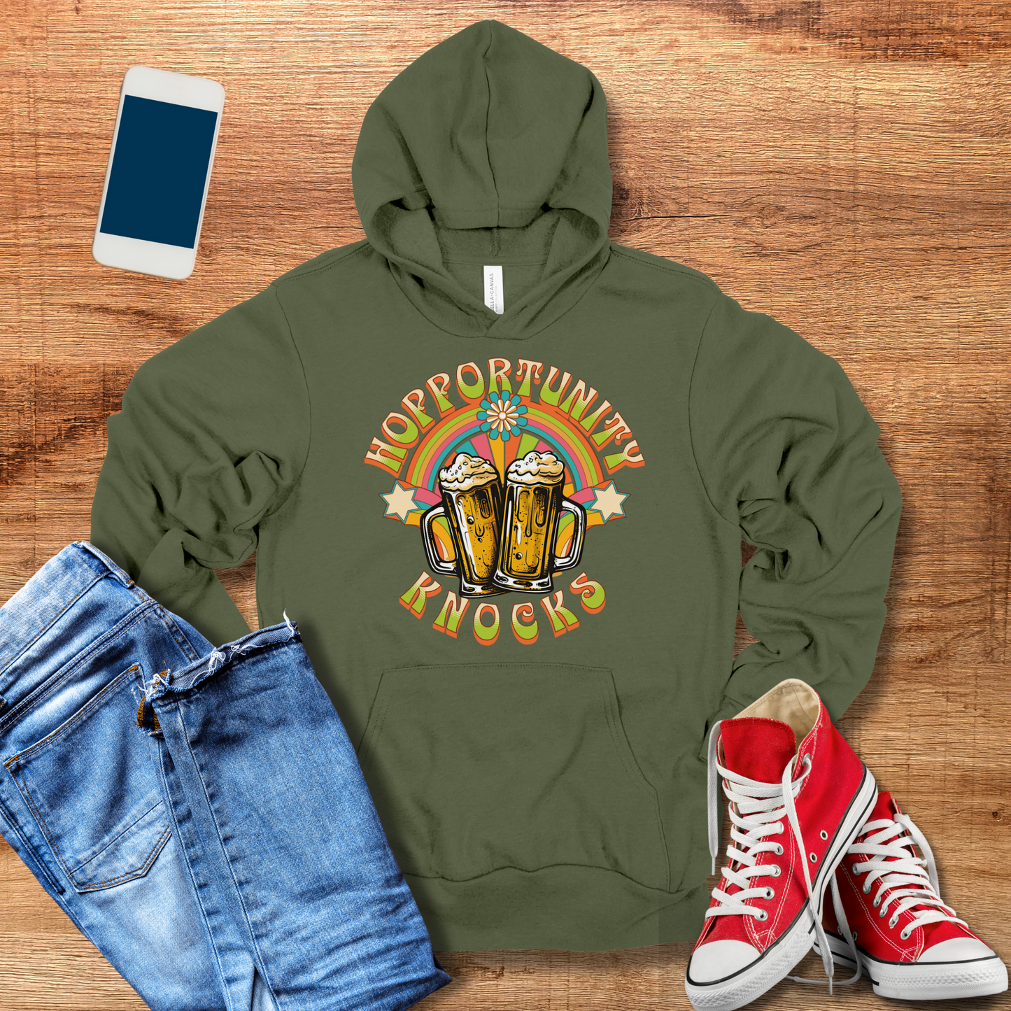 hopportunity knocks beer hooded sweatshirt in military green