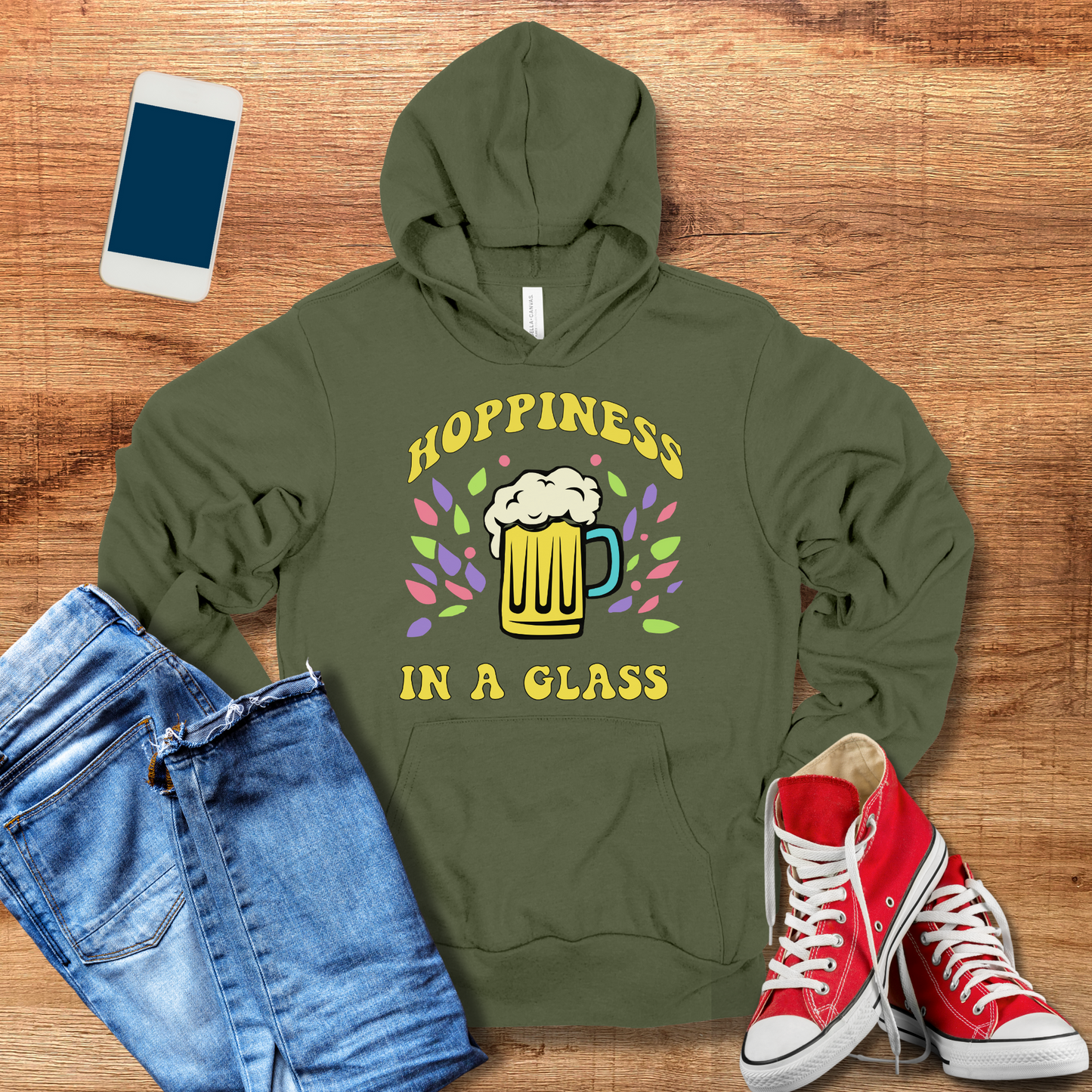 hoppiness in a glass hoodie color miitary green