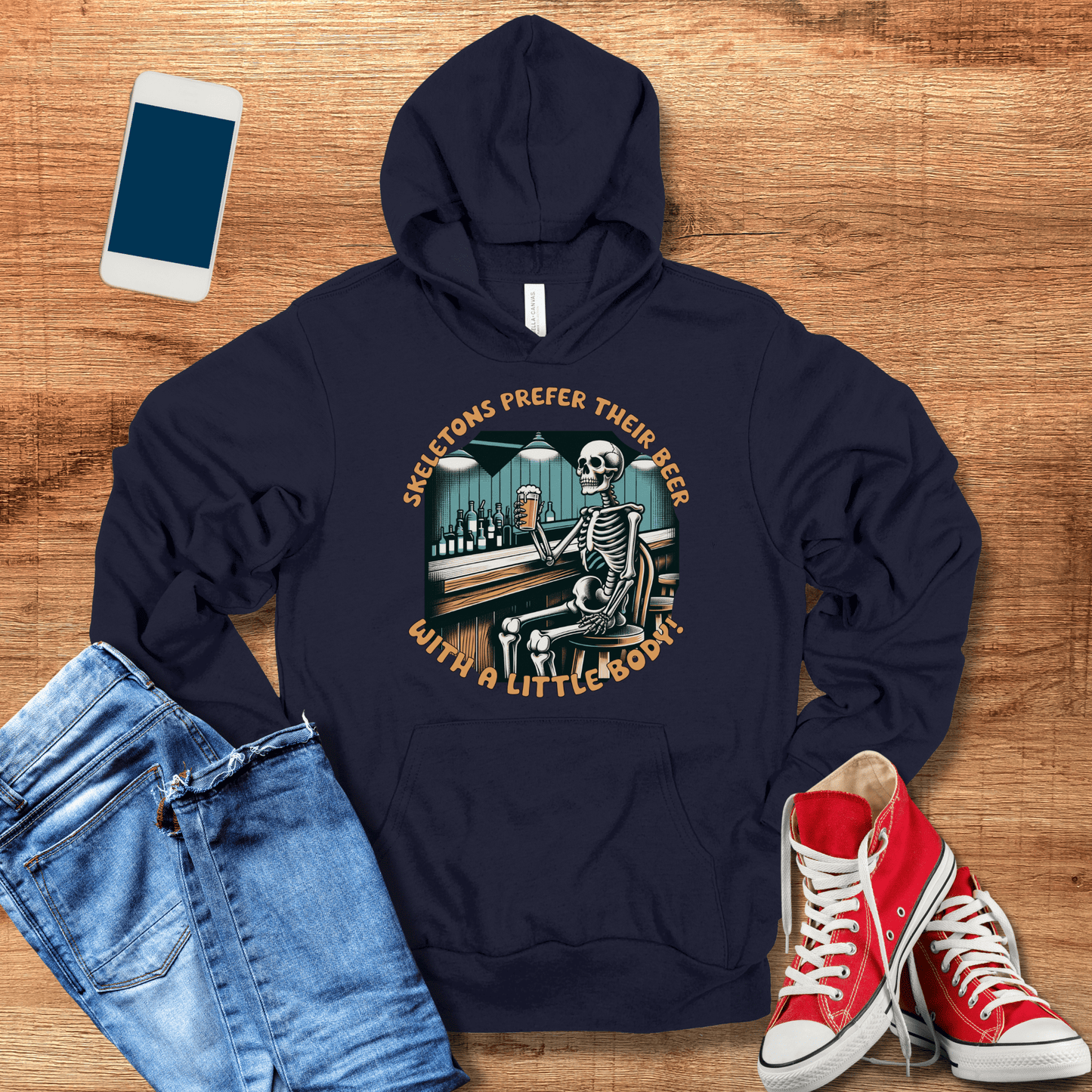 navy skeleton beer hoodie