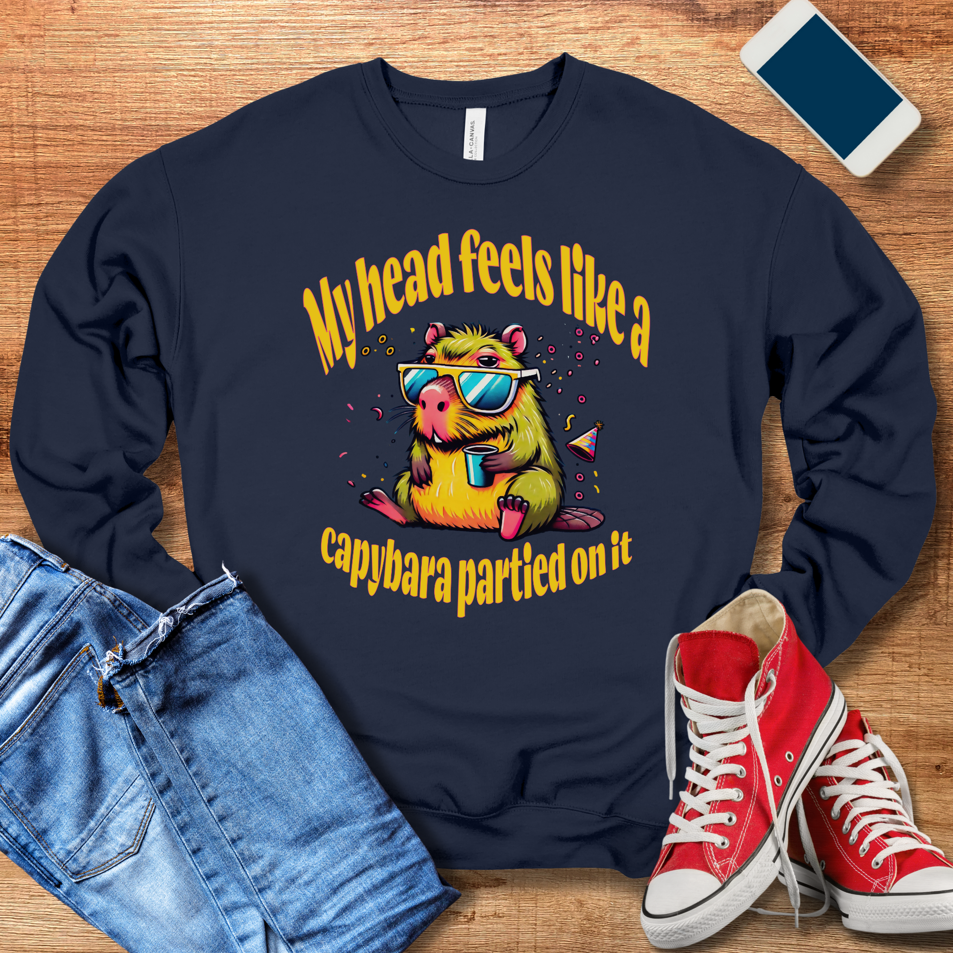 navy capybara hangover crewneck sweatshirt