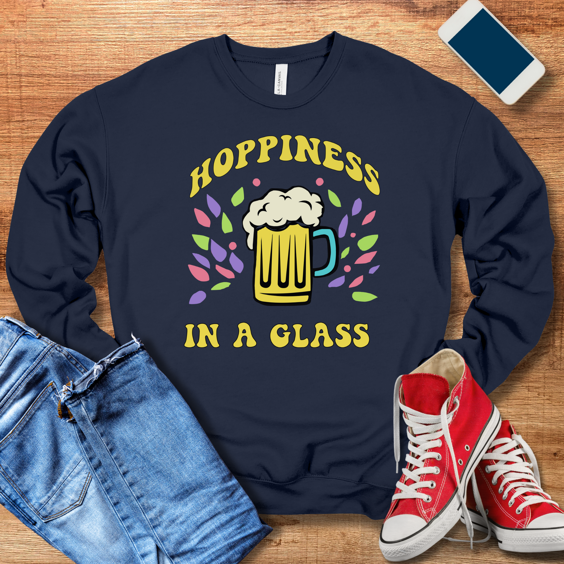 hoppiness in a glass beer crewneck sweatshirt in navy