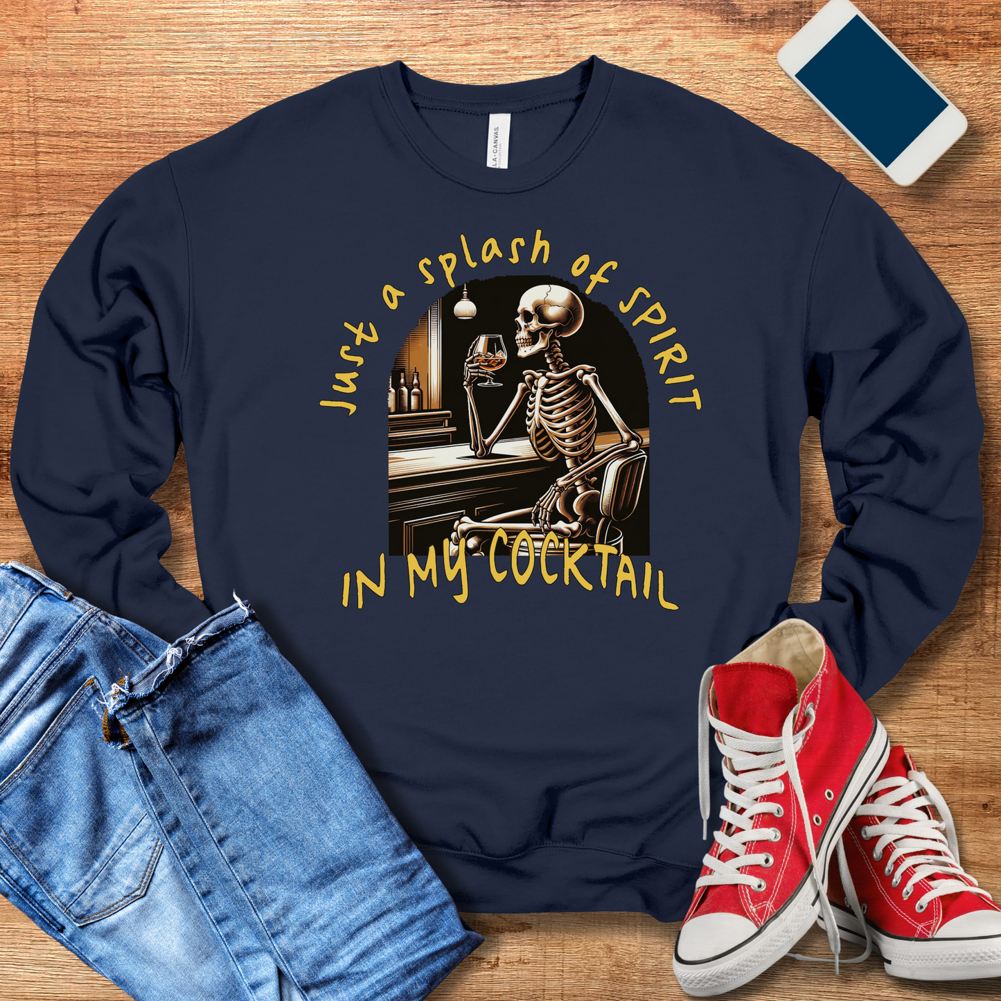 just a splash of spirit in my cocktail crewneck sweatshirt in color navy