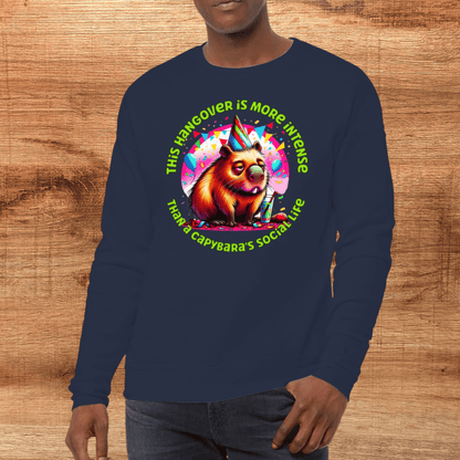 male model wearing navy capybara sweatshirt