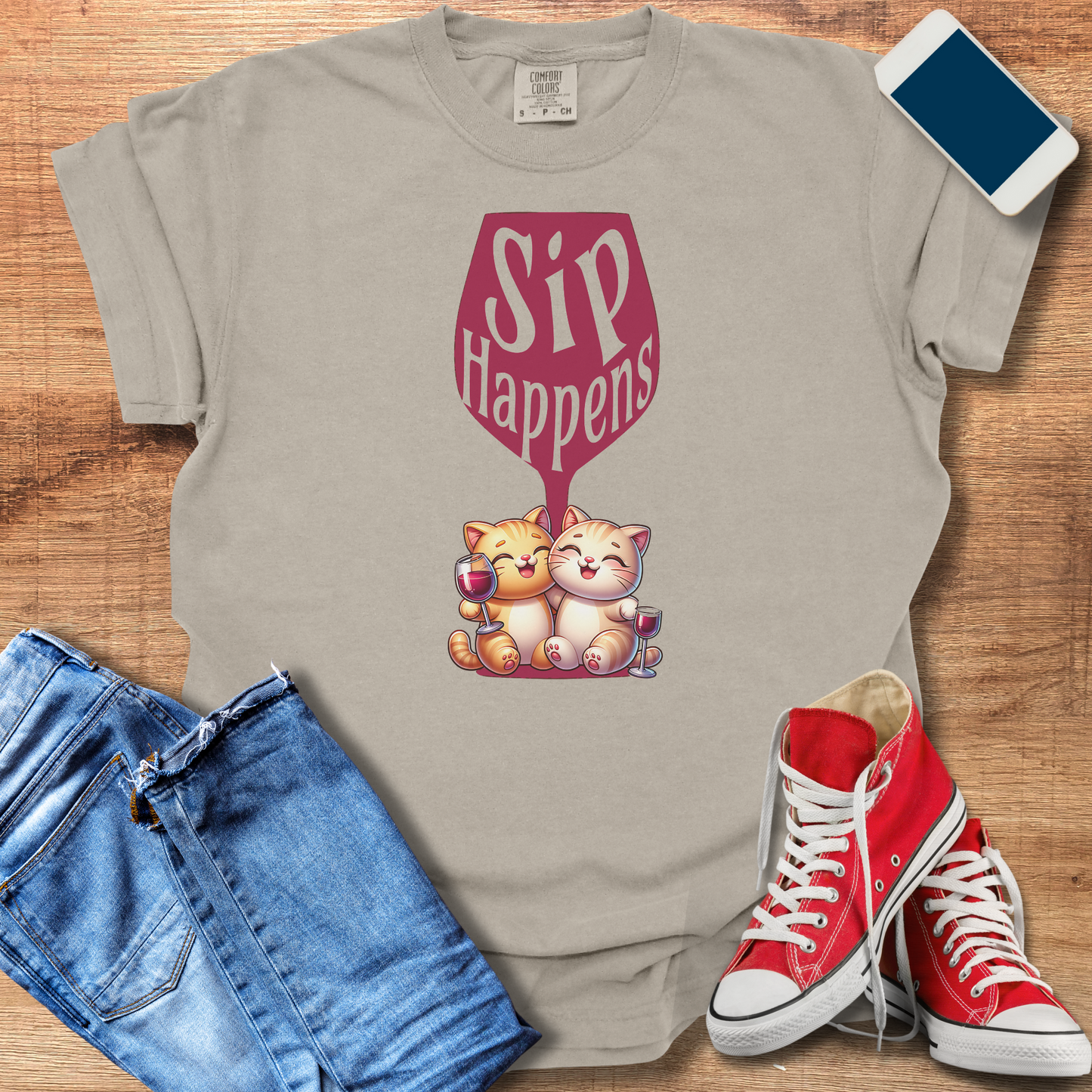 Sip Happens Wine Cat Shirt: Fun Cat Shirt for Wine Lovers