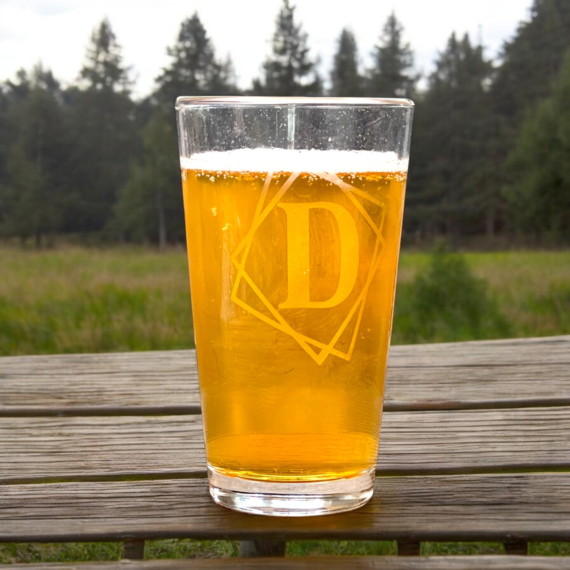 personalized pint glass with framed initial