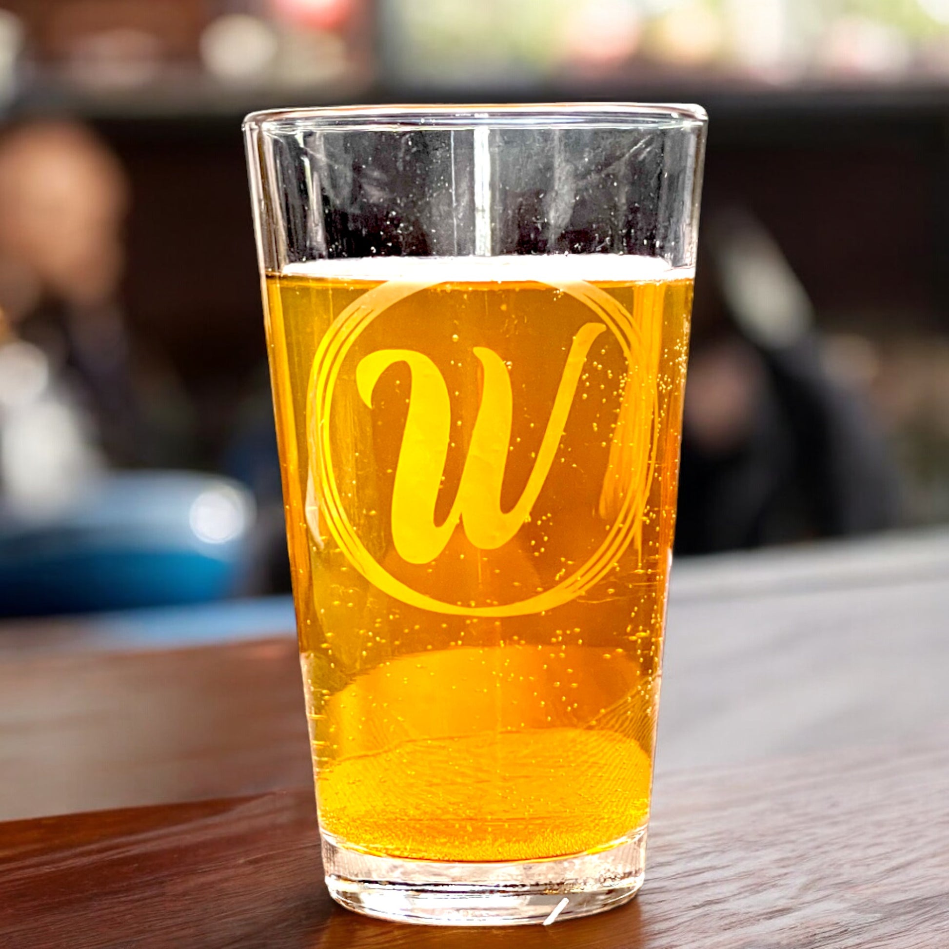 personalized pint glass with initial in a circles