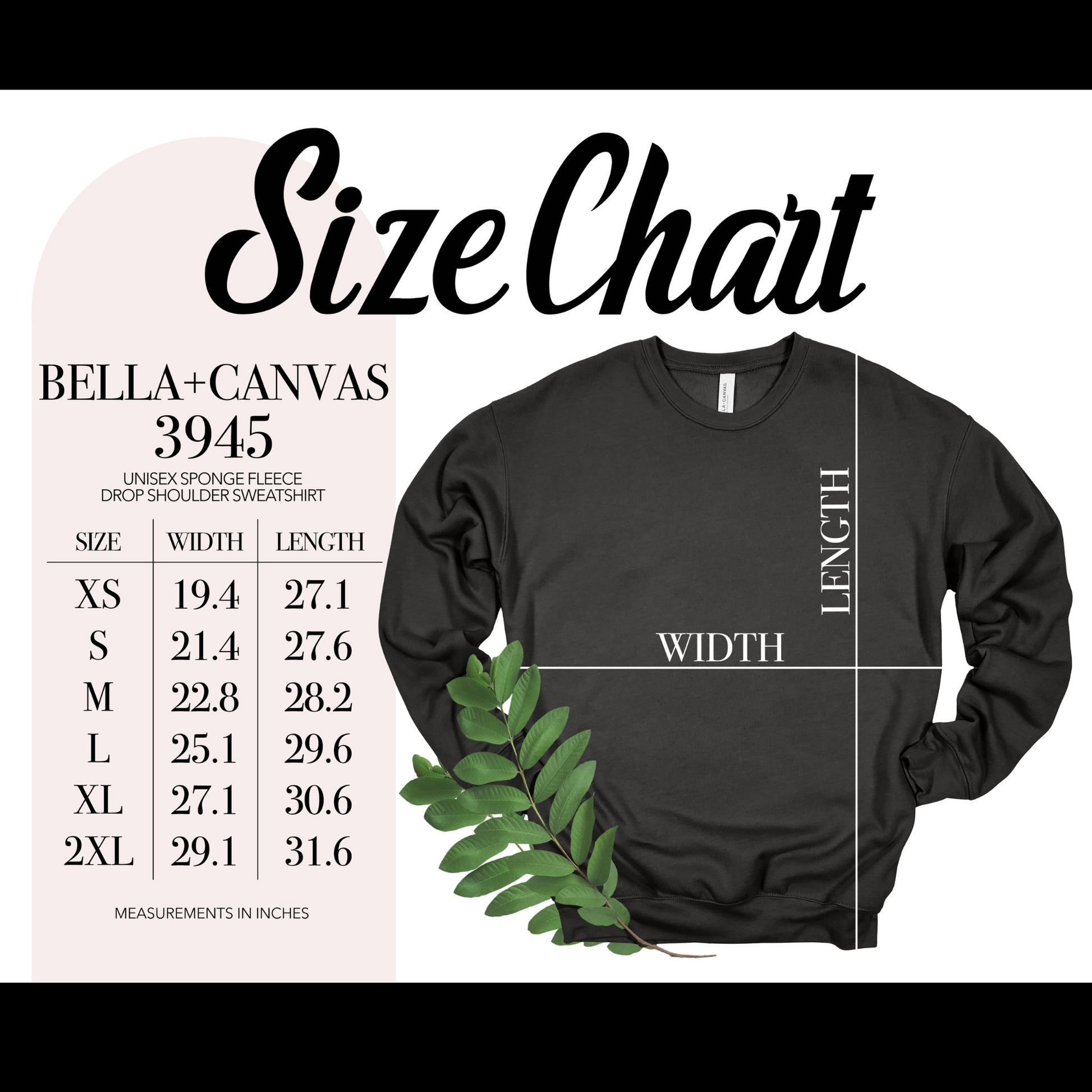 bella canvas size chart 3945 sweatshirt