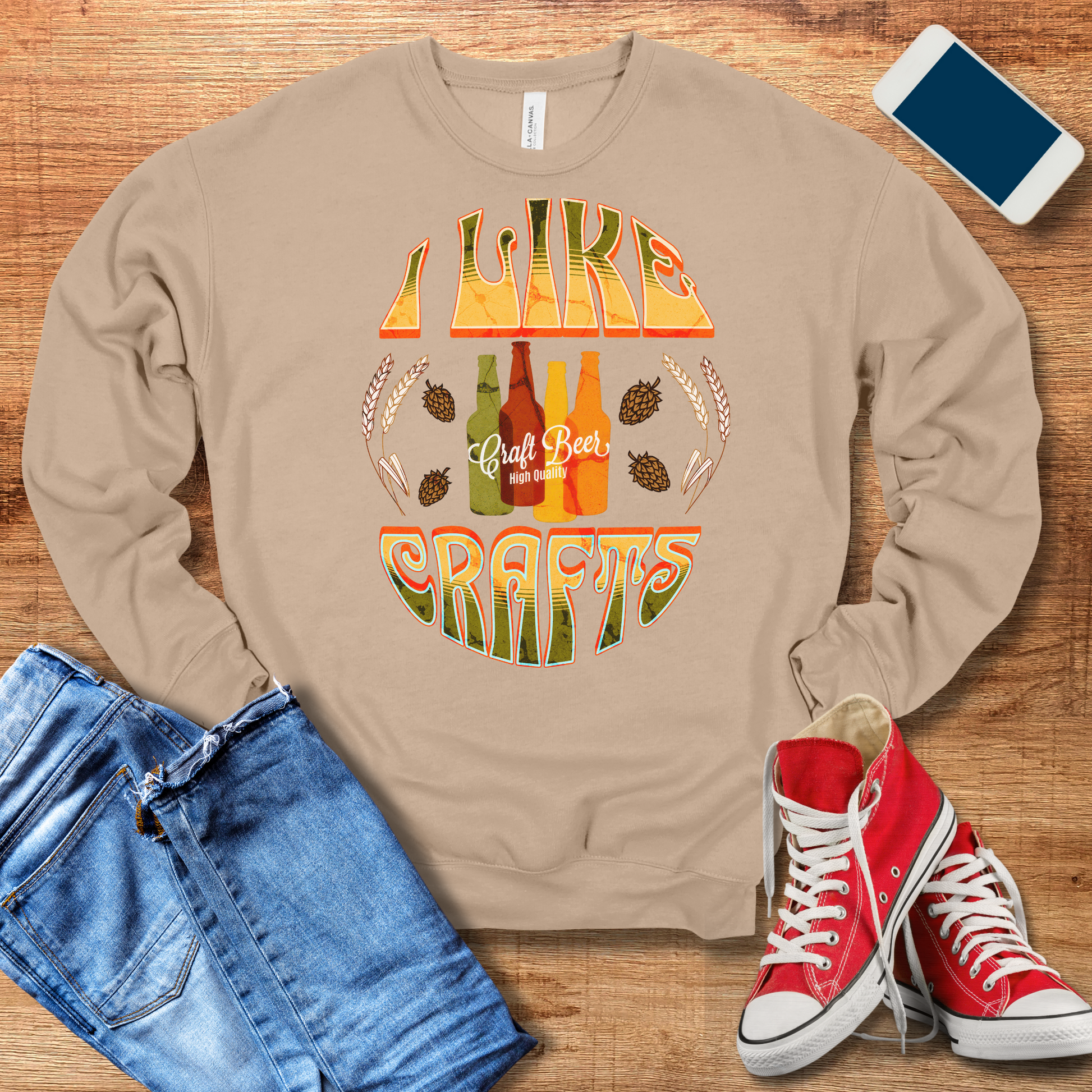 tan color i like crafts beer crewneck sweatshirt