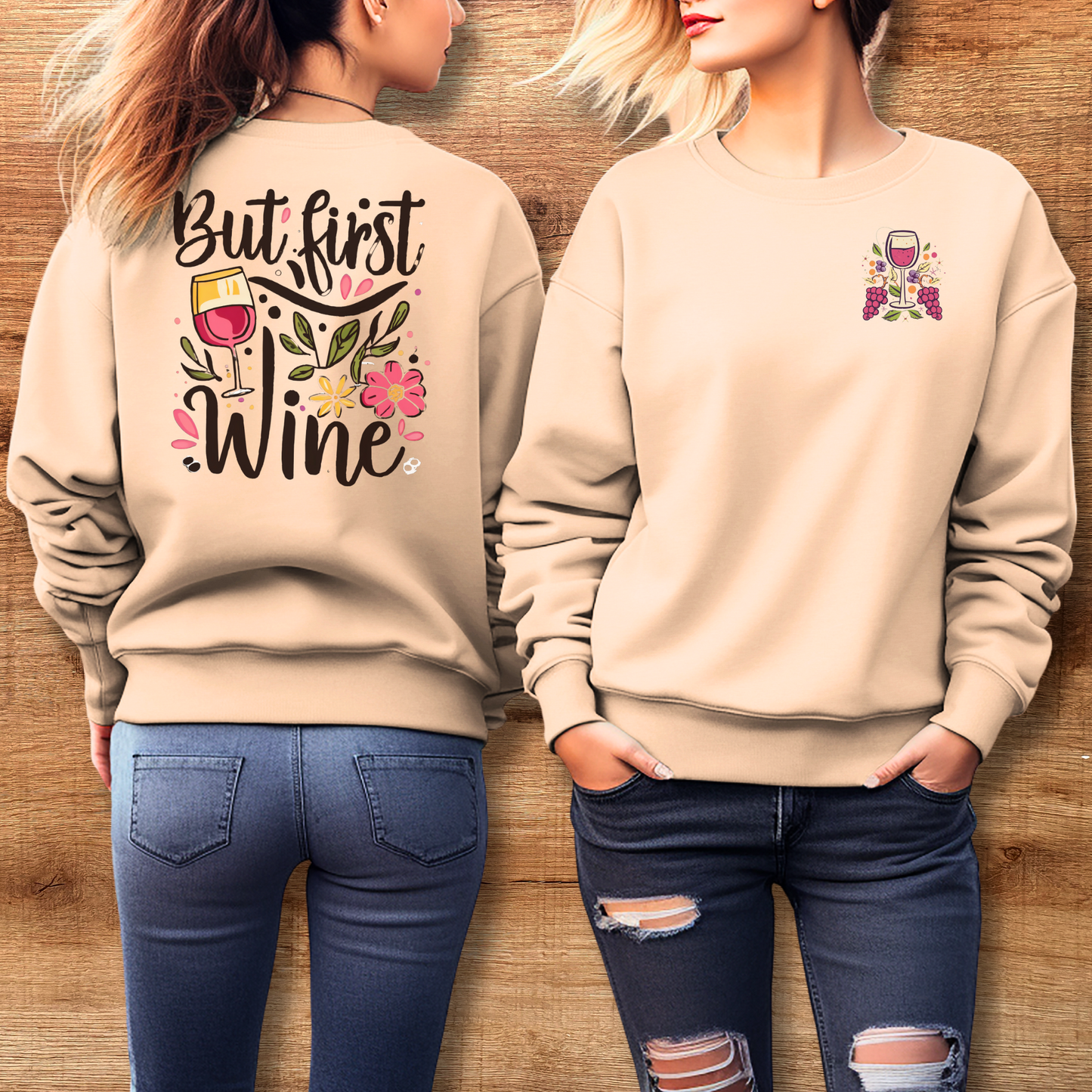 model wearing tan but first wine sweatshirt