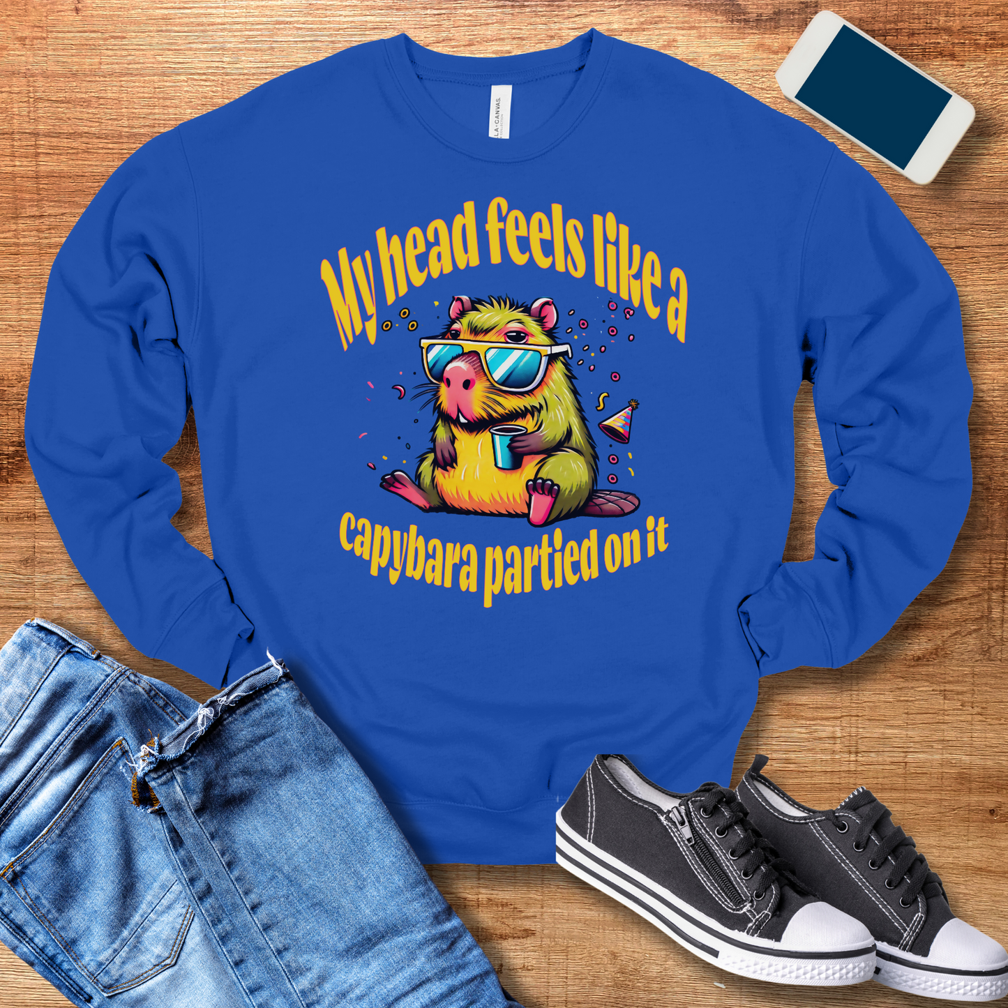 true royal color capybara hangover crewneck sweatshirt