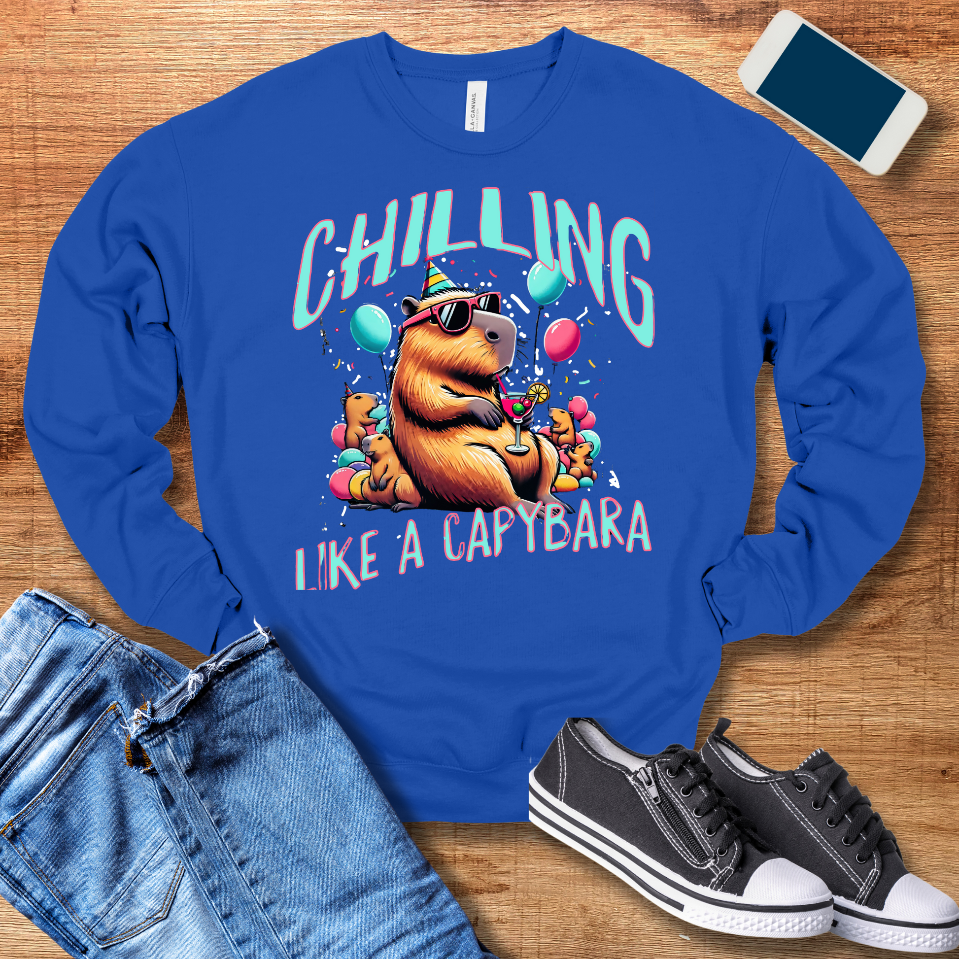 chilling like a capybara crewneck sweatshirt color true roayl