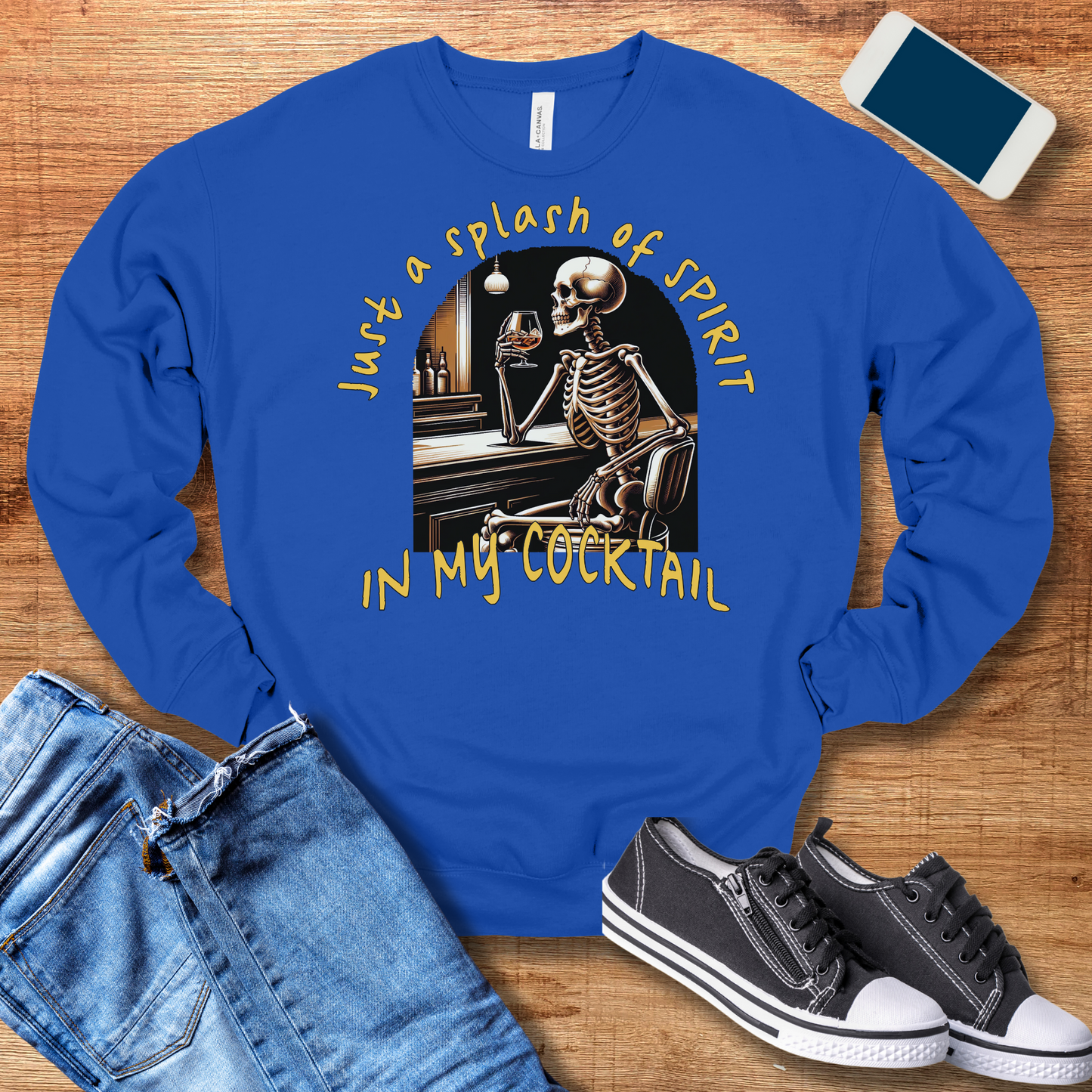 just a splash of spirit in my cocktail crewneck sweatshirt in color true royal