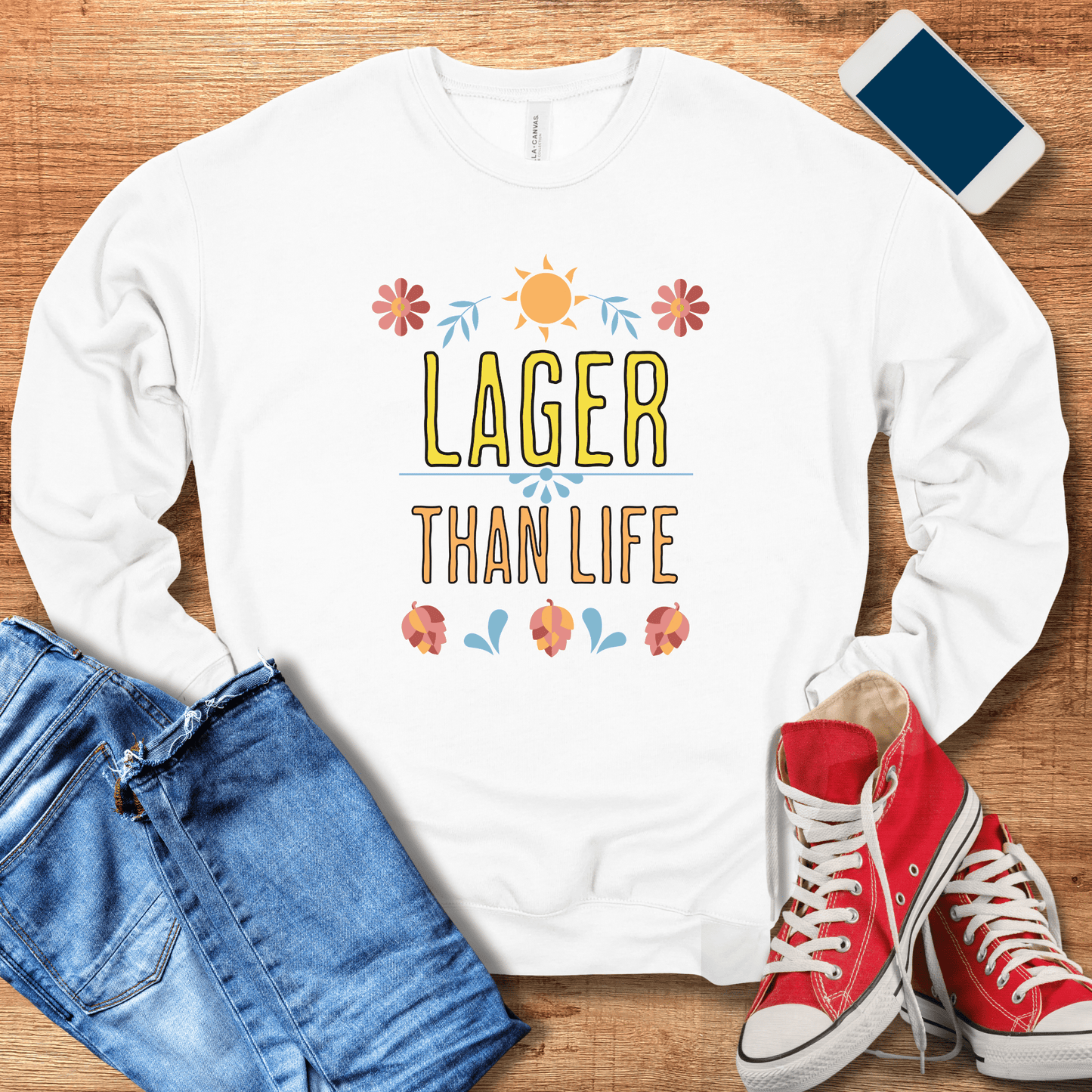 white beer crewneck sweatshirt