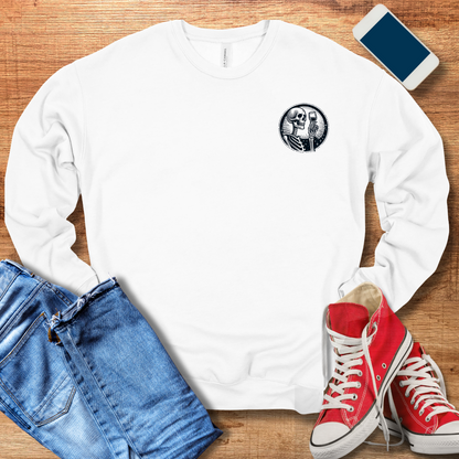 pocket design on white crewneck skeleton and wine sweatshirt