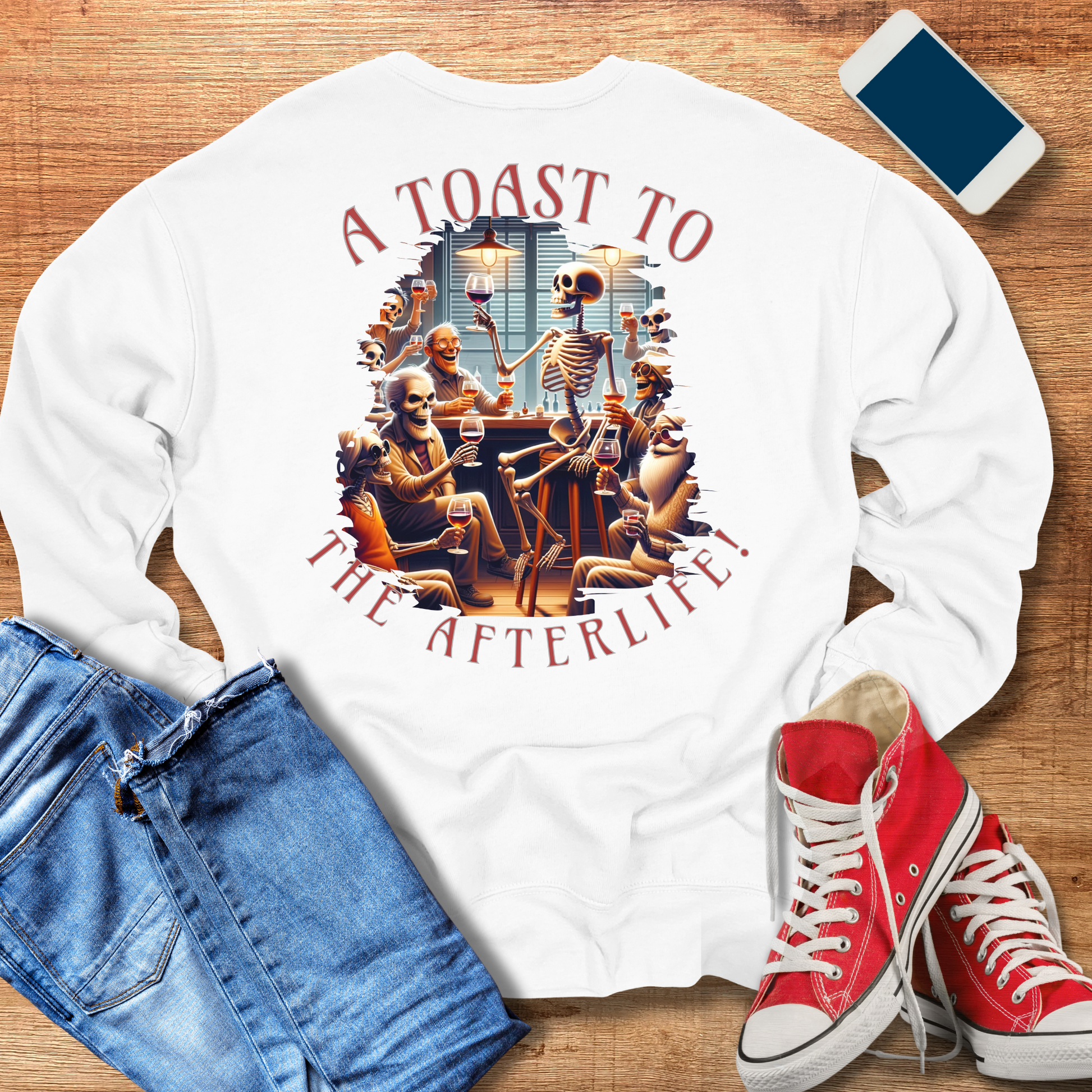 toast to afterlife skeleton wine crewneck sweatshirt in color