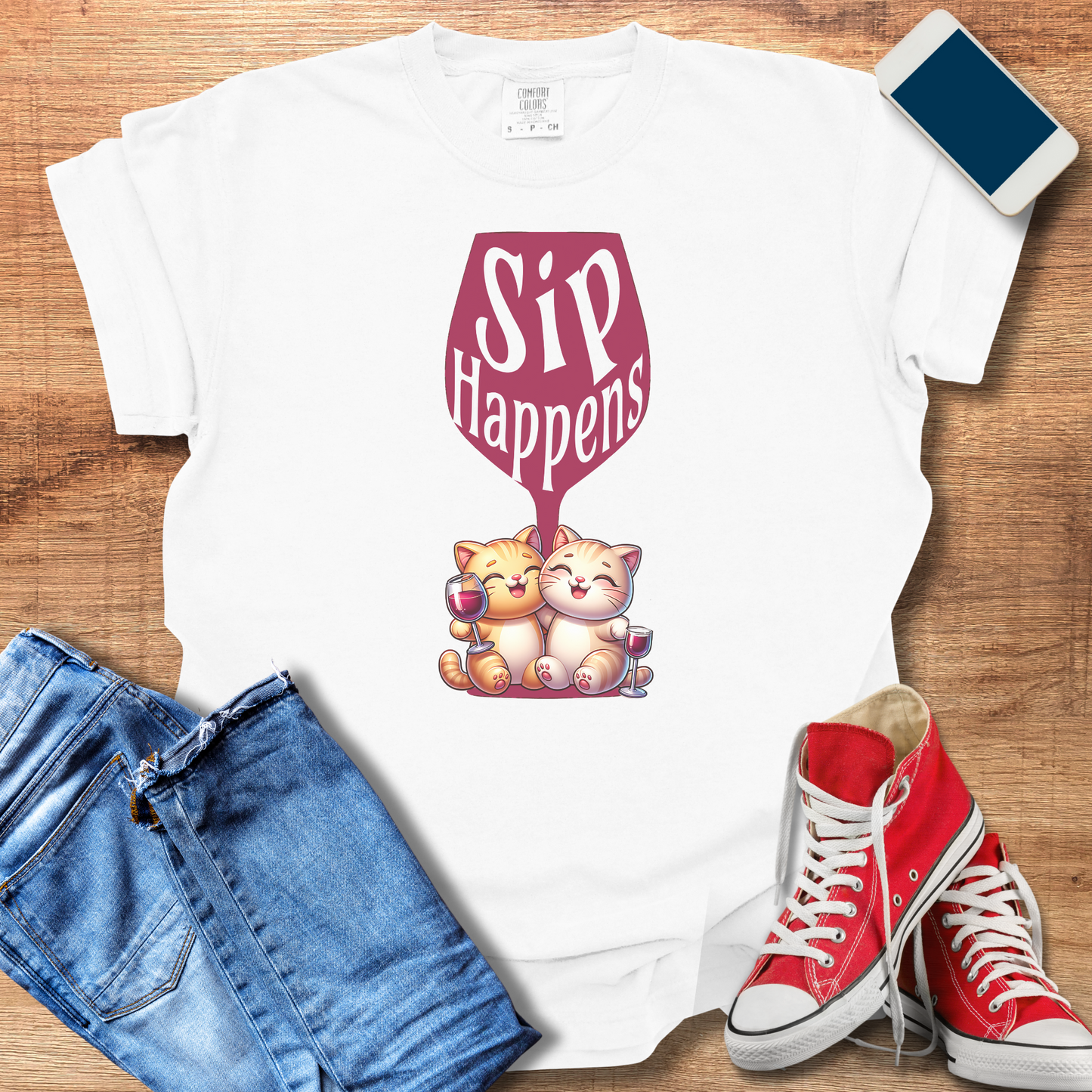 Sip Happens Wine Cat Shirt: Fun Cat Shirt for Wine Lovers