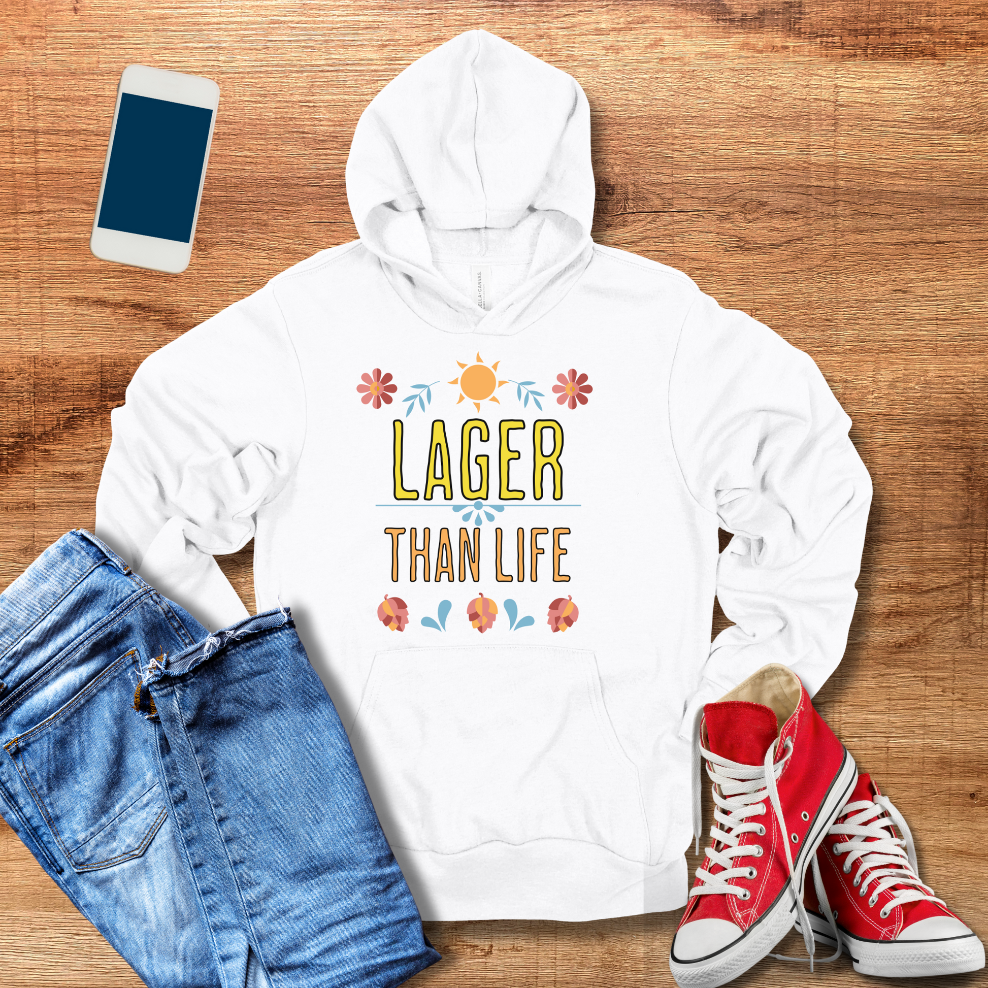 lager than life hoodie color white