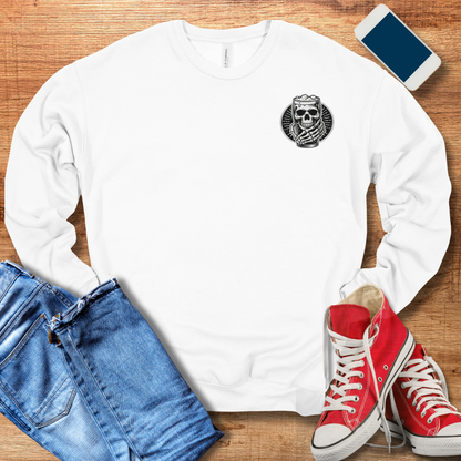 skeleton holding beer on white crewneck sweatshirt