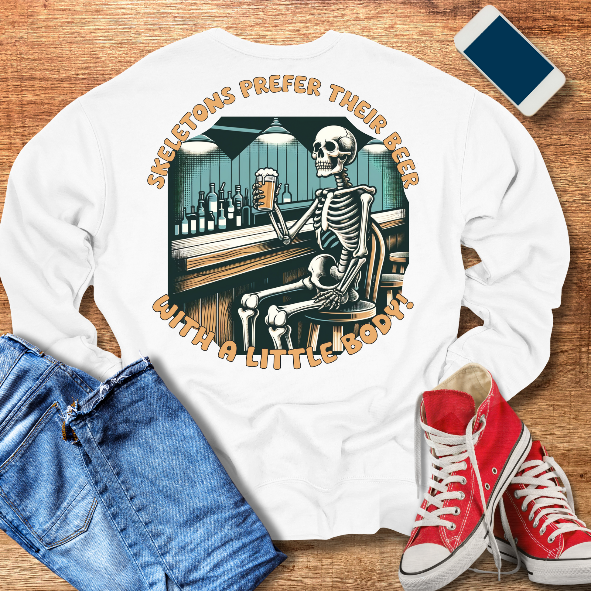 skeletons prefer their beer with a little body crewneck sweatshirt color white