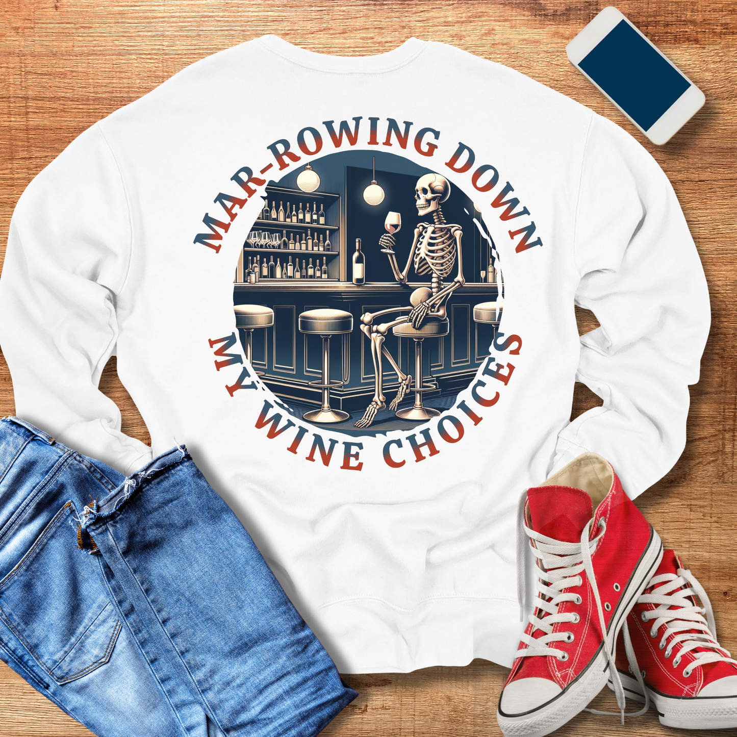 marrowing down my wine choices crewneck sweatshirt in color white