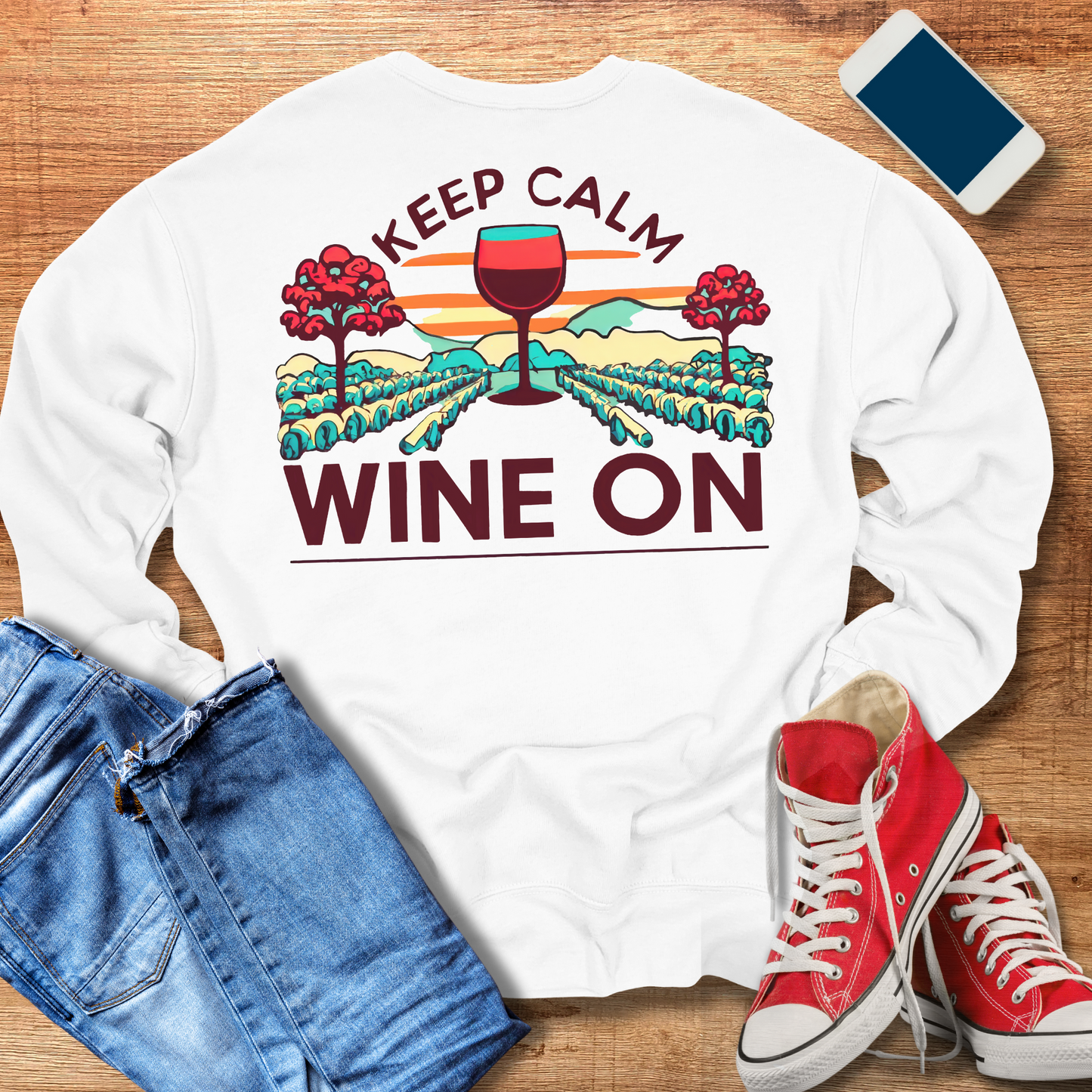 keep calm wine on crewneck sweatshirt in the color white